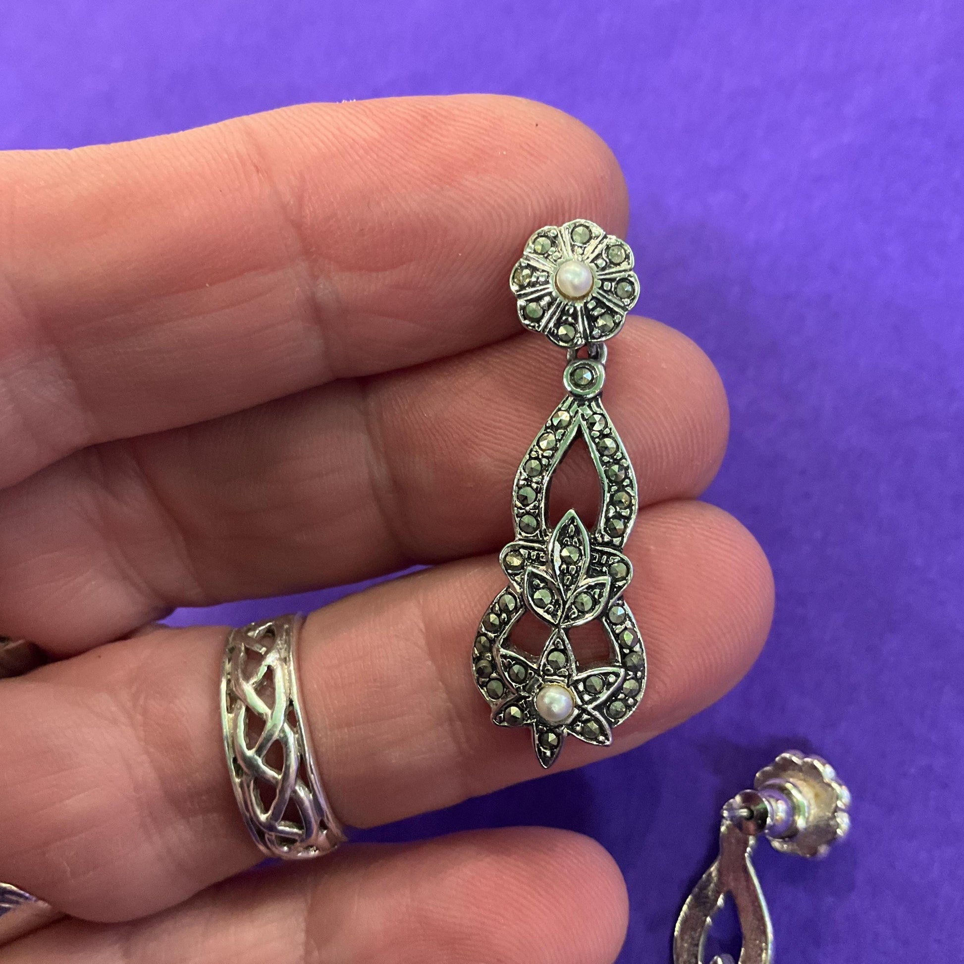 Vintage 1980s Art Deco Style Revival Silver , Marcasite and Faux Pearl Long Drop Earrings
