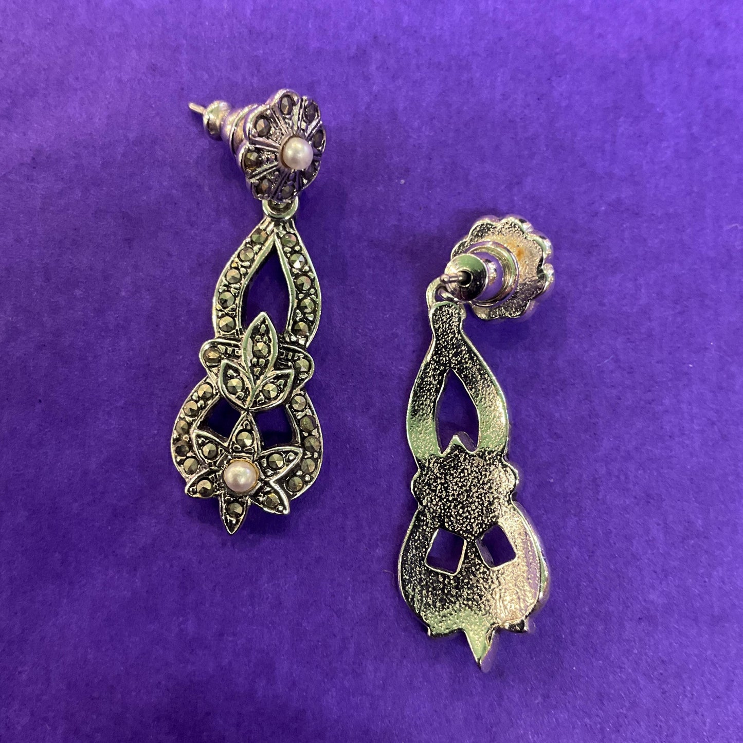 Vintage 1980s Art Deco Style Revival Silver , Marcasite and Faux Pearl Long Drop Earrings
