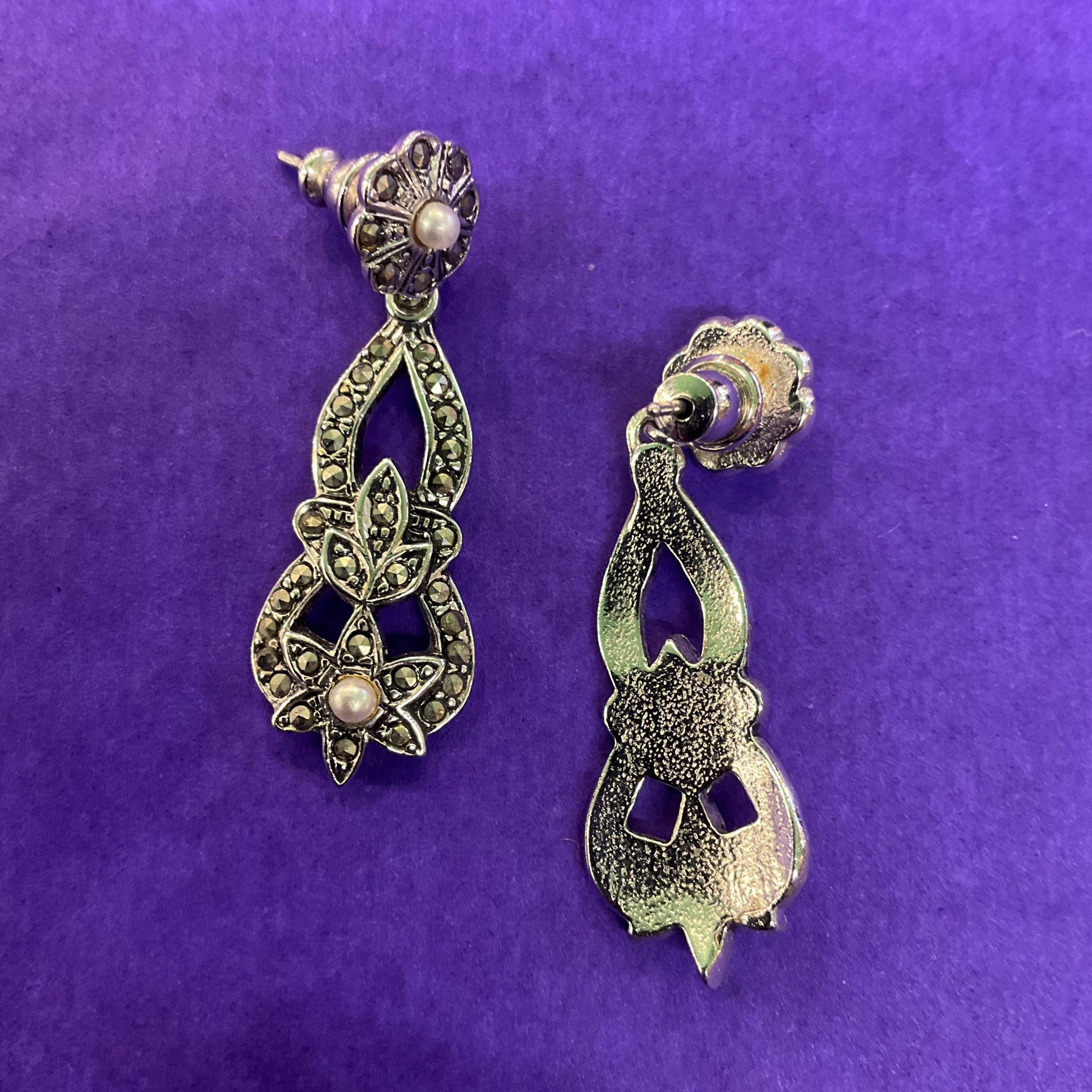 Vintage 1980s Art Deco Style Revival Silver , Marcasite and Faux Pearl Long Drop Earrings