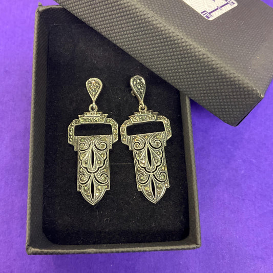 Vintage 1980s Art Deco Revival Silver and Marcasite Long Drop Earrings