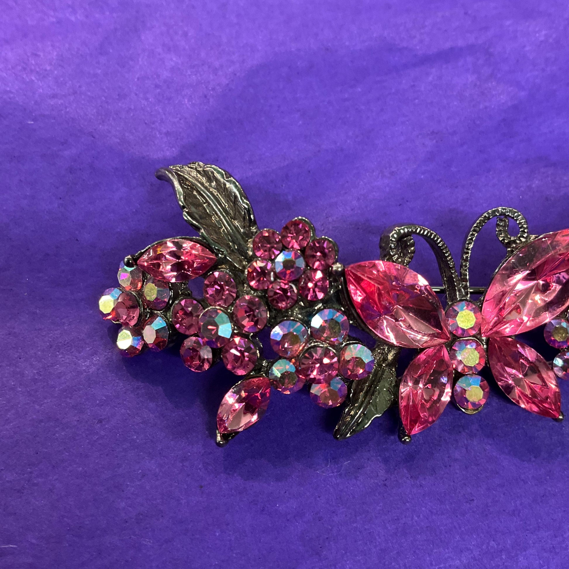Vintage Butler and Wilson Pink Crystal Butterfly and Flwers Bar Brooch, Pewter tone with pink and Borealis Rhinestones