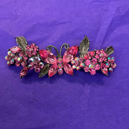 Vintage Butler and Wilson Pink Crystal Butterfly and Flwers Bar Brooch, Pewter tone with pink and Borealis Rhinestones