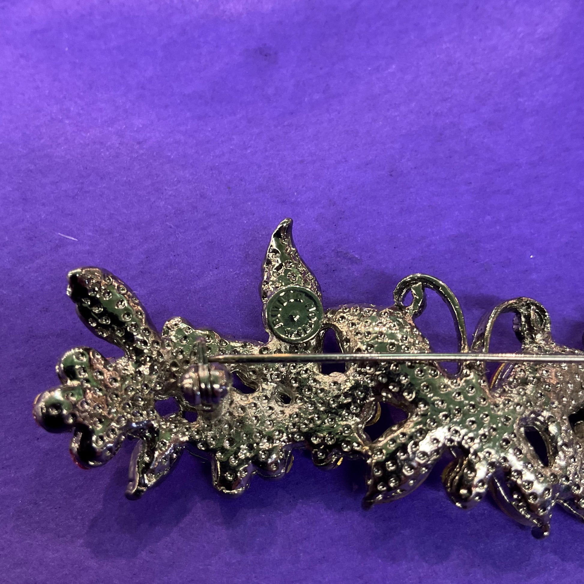 Vintage Butler and Wilson Pink Crystal Butterfly and Flwers Bar Brooch, Pewter tone with pink and Borealis Rhinestones