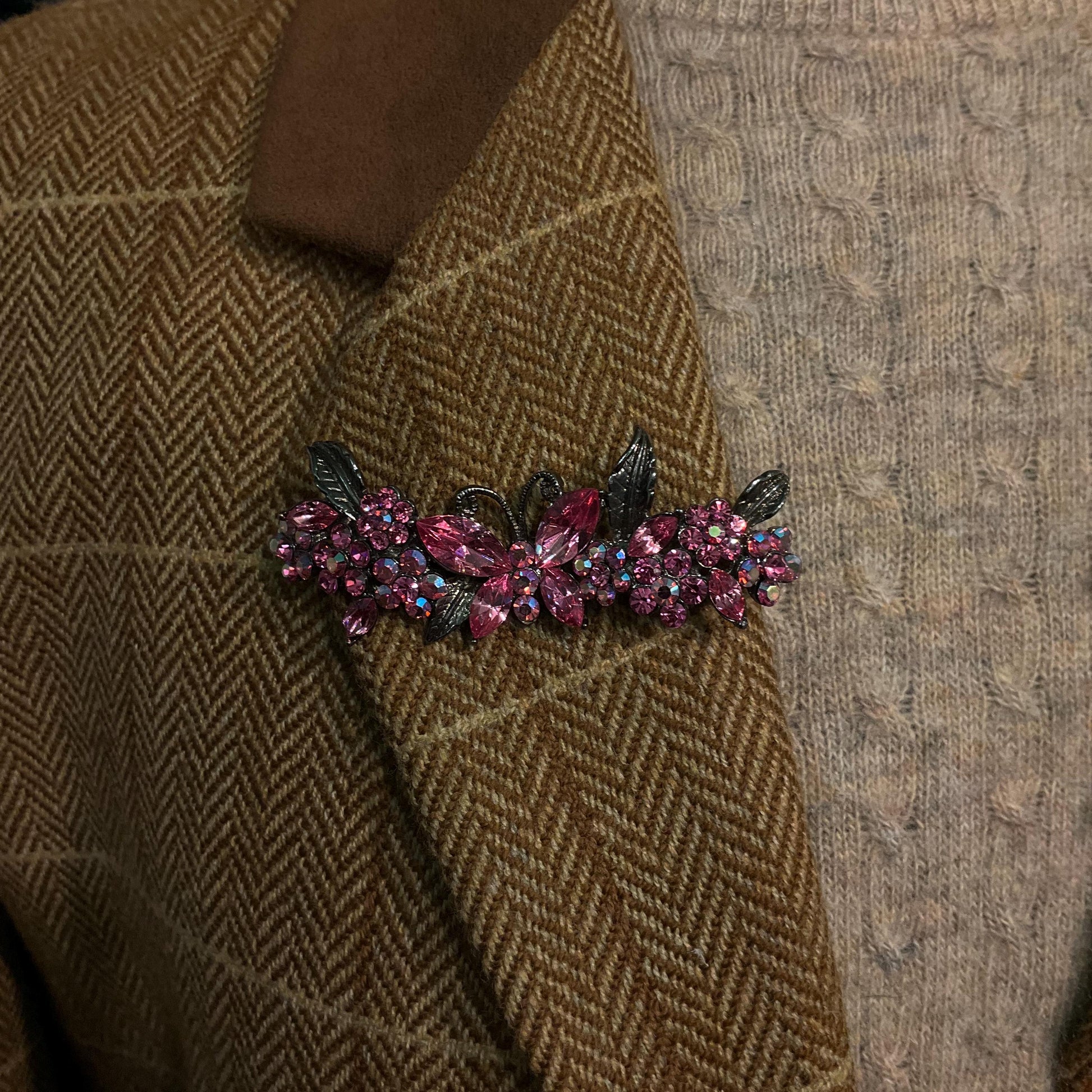 Vintage Butler and Wilson Pink Crystal Butterfly and Flwers Bar Brooch, Pewter tone with pink and Borealis Rhinestones