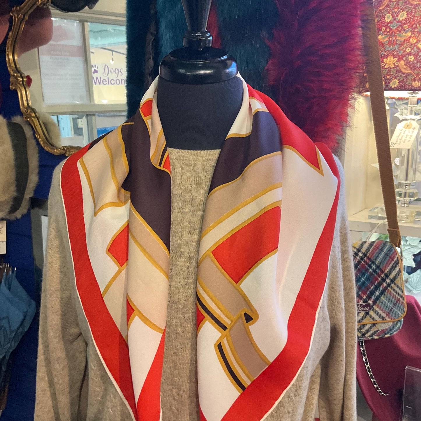 Vintage Mid Century SABLE Handprinted Pure Silk Scarf, Vibrant Abstract Geometric, Shades of Red, gold, cream and brown