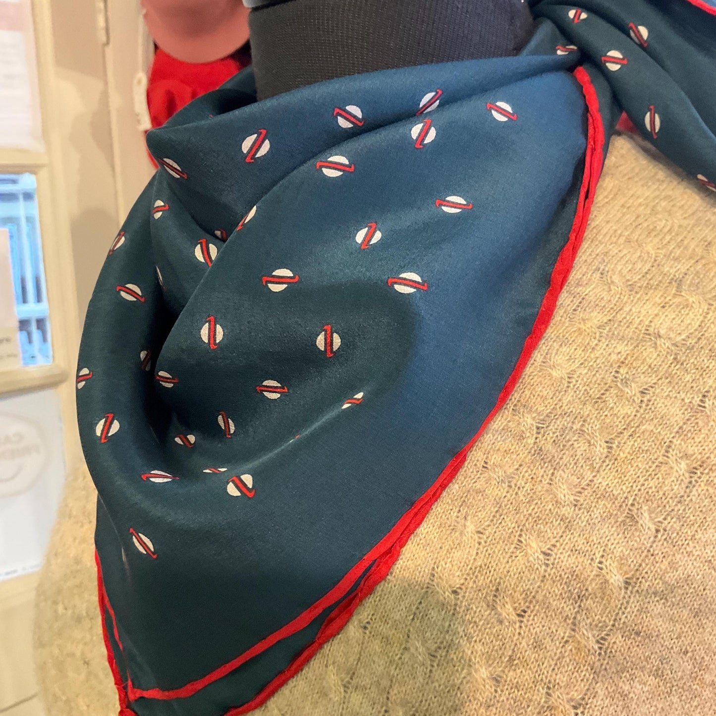 Vintage JAEGER Mid Century Pure Silk Scarf, Ditsy Red and Cream dotty Print , Dark Green/ Teal Background, Hand Rolled
