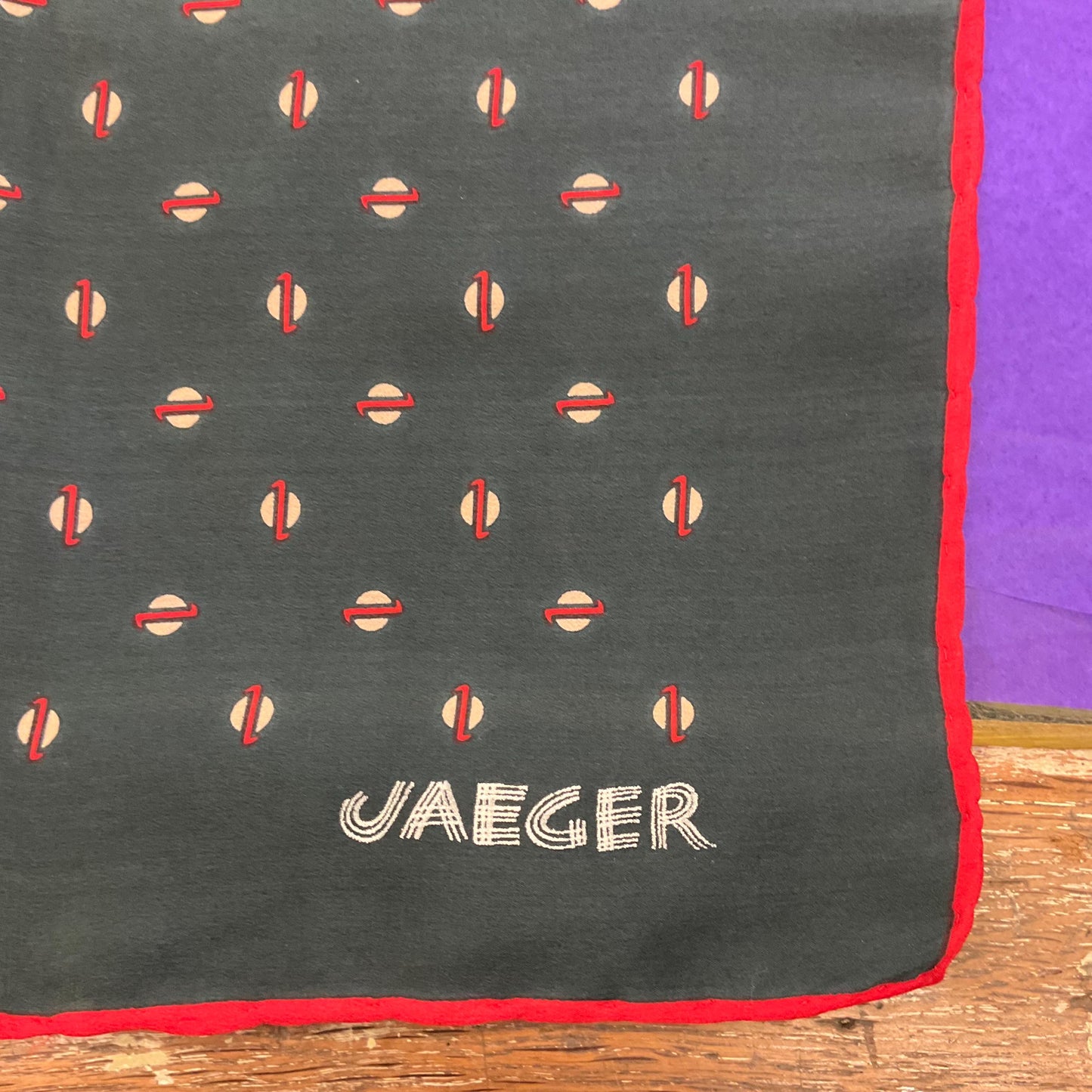 Vintage JAEGER Mid Century Pure Silk Scarf, Ditsy Red and Cream dotty Print , Dark Green/ Teal Background, Hand Rolled