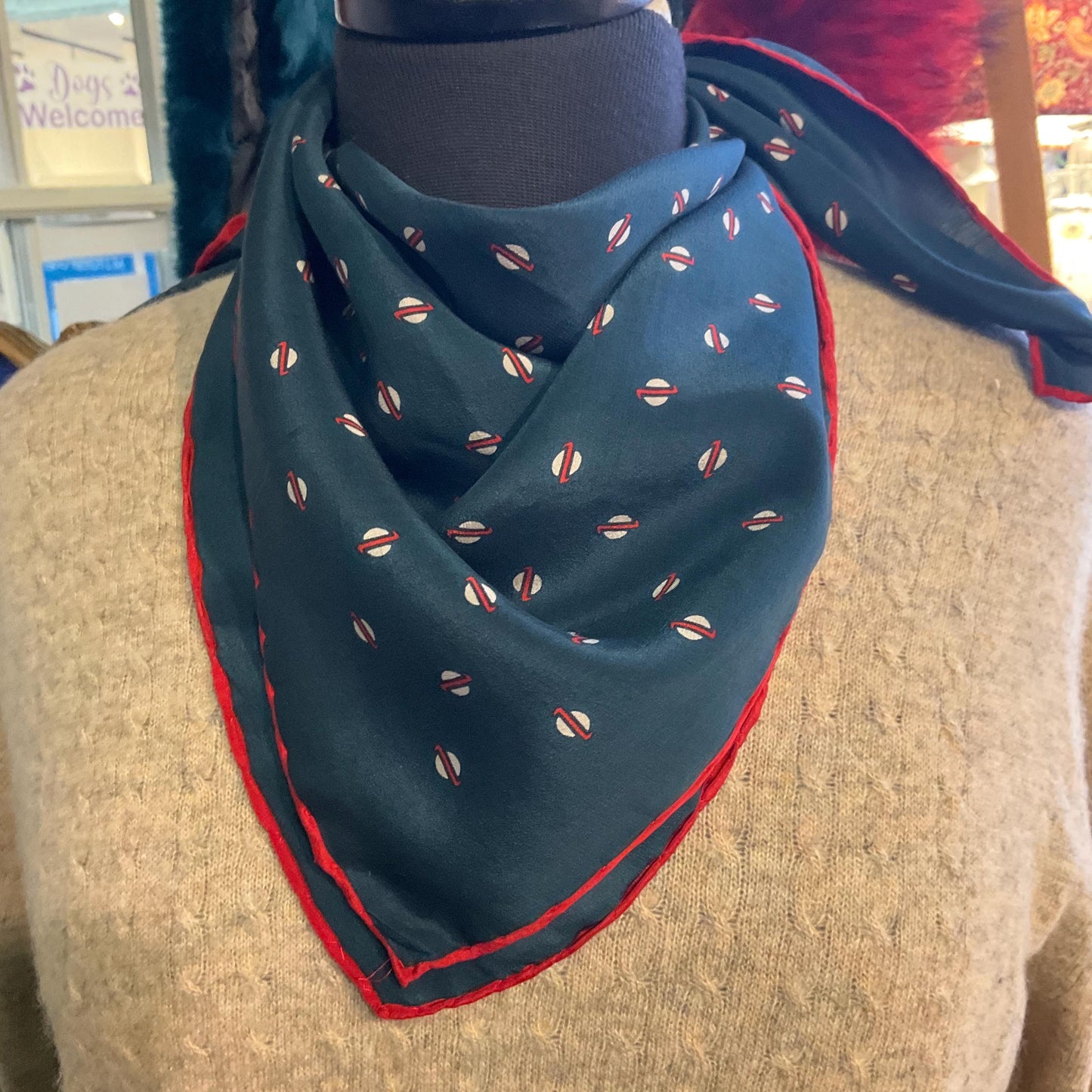 Vintage JAEGER Mid Century Pure Silk Scarf, Ditsy Red and Cream dotty Print , Dark Green/ Teal Background, Hand Rolled