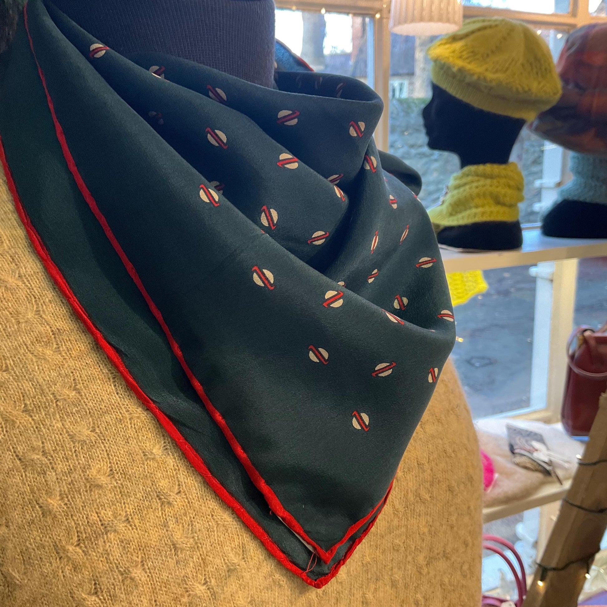 Vintage JAEGER Mid Century Pure Silk Scarf, Ditsy Red and Cream dotty Print , Dark Green/ Teal Background, Hand Rolled