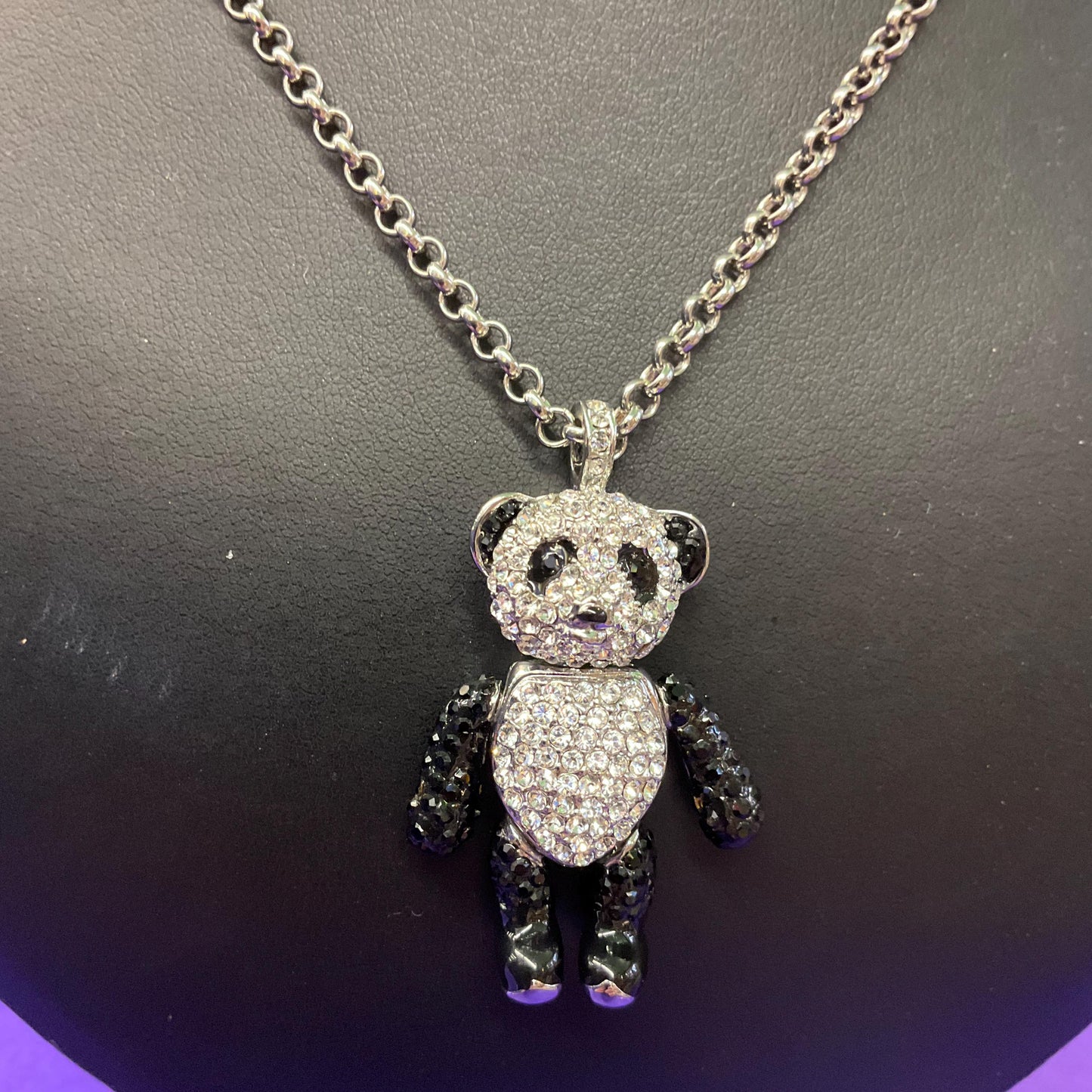Vintage Butler and Wilson Panda Crystal Pendant, Fully Articulated with Silver and Black Rhinestones
