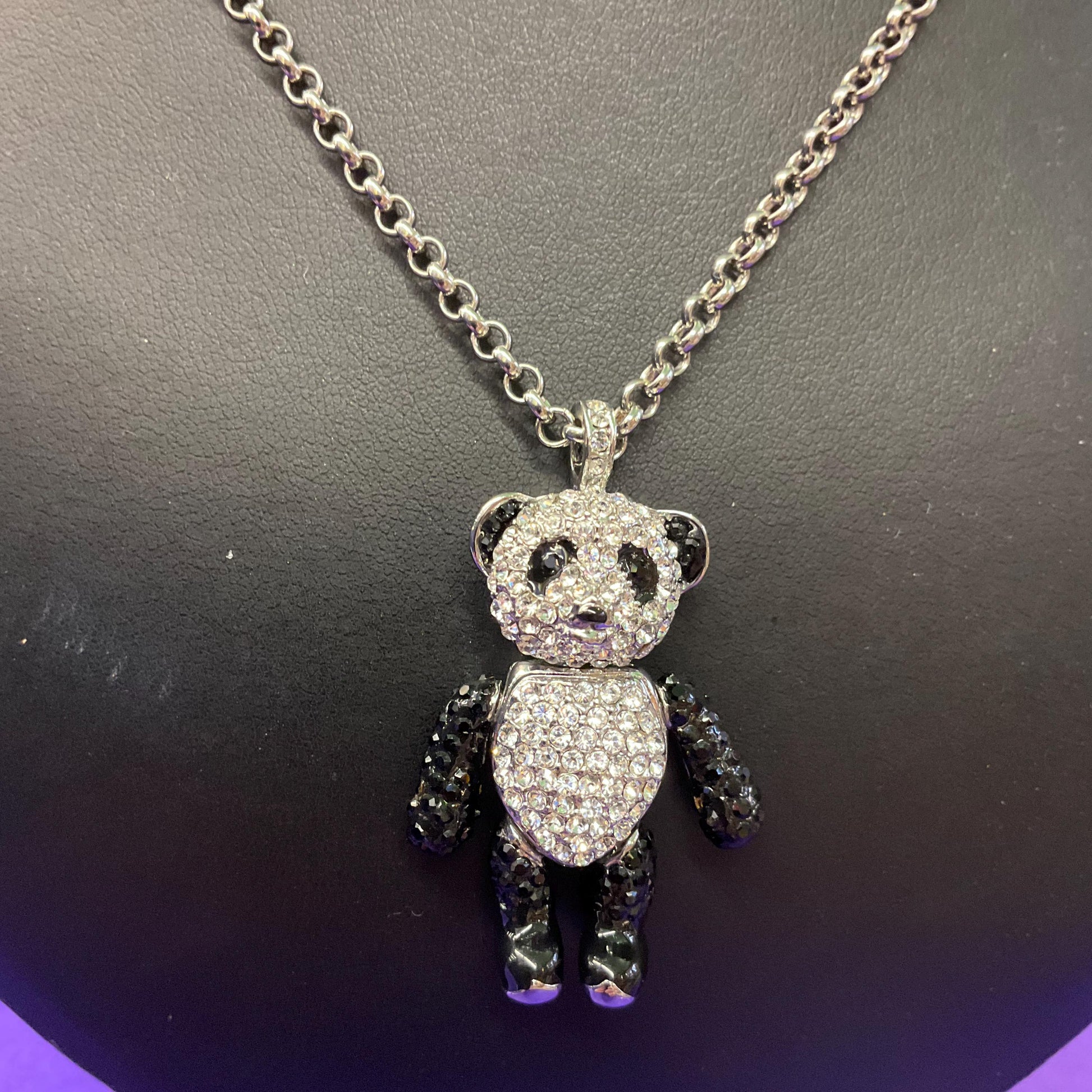 Vintage Butler and Wilson Panda Crystal Pendant, Fully Articulated with Silver and Black Rhinestones