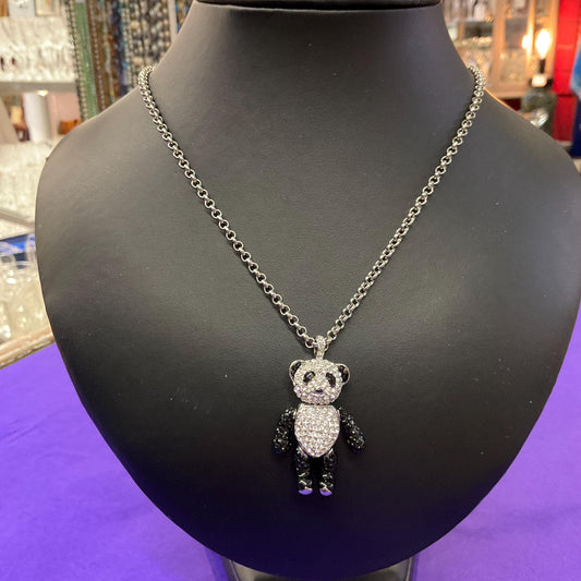 Vintage Butler and Wilson Panda Crystal Pendant, Fully Articulated with Silver and Black Rhinestones
