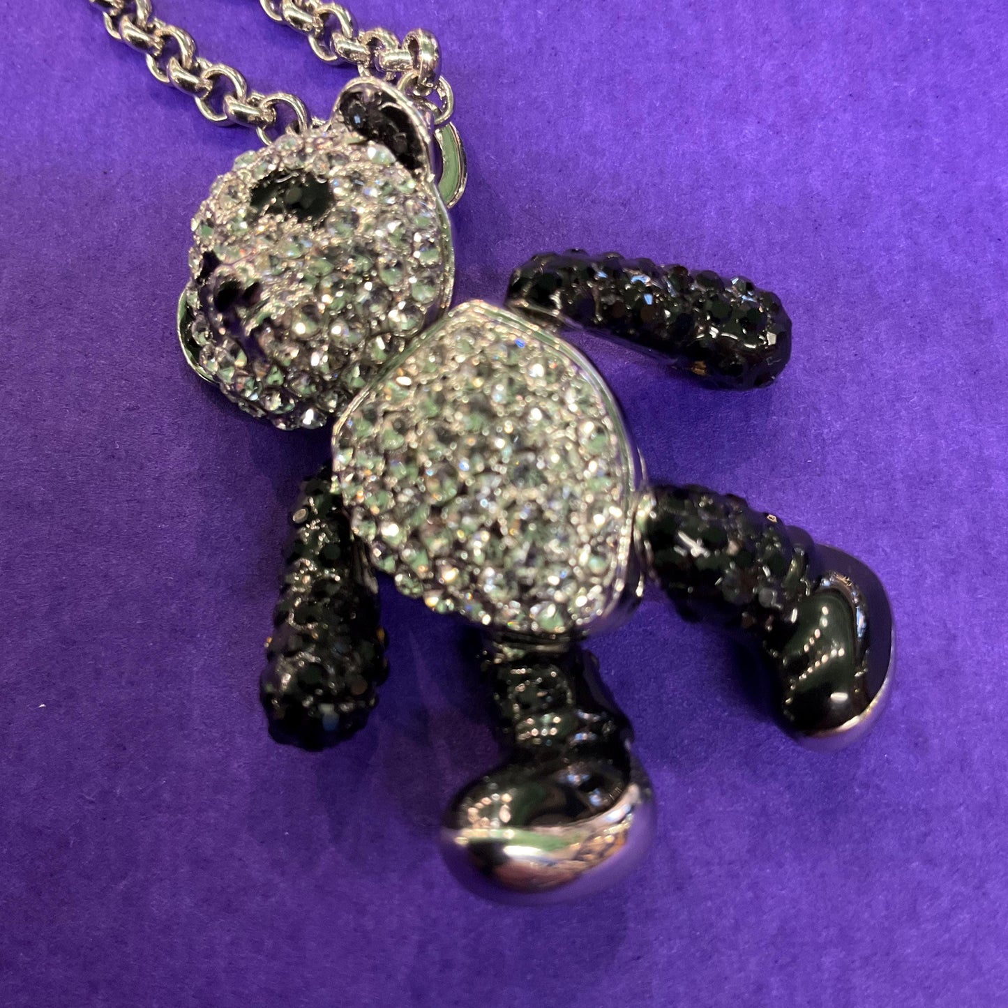 Vintage Butler and Wilson Panda Crystal Pendant, Fully Articulated with Silver and Black Rhinestones