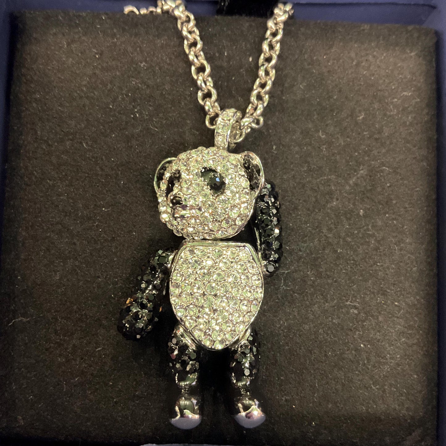 Vintage Butler and Wilson Panda Crystal Pendant, Fully Articulated with Silver and Black Rhinestones