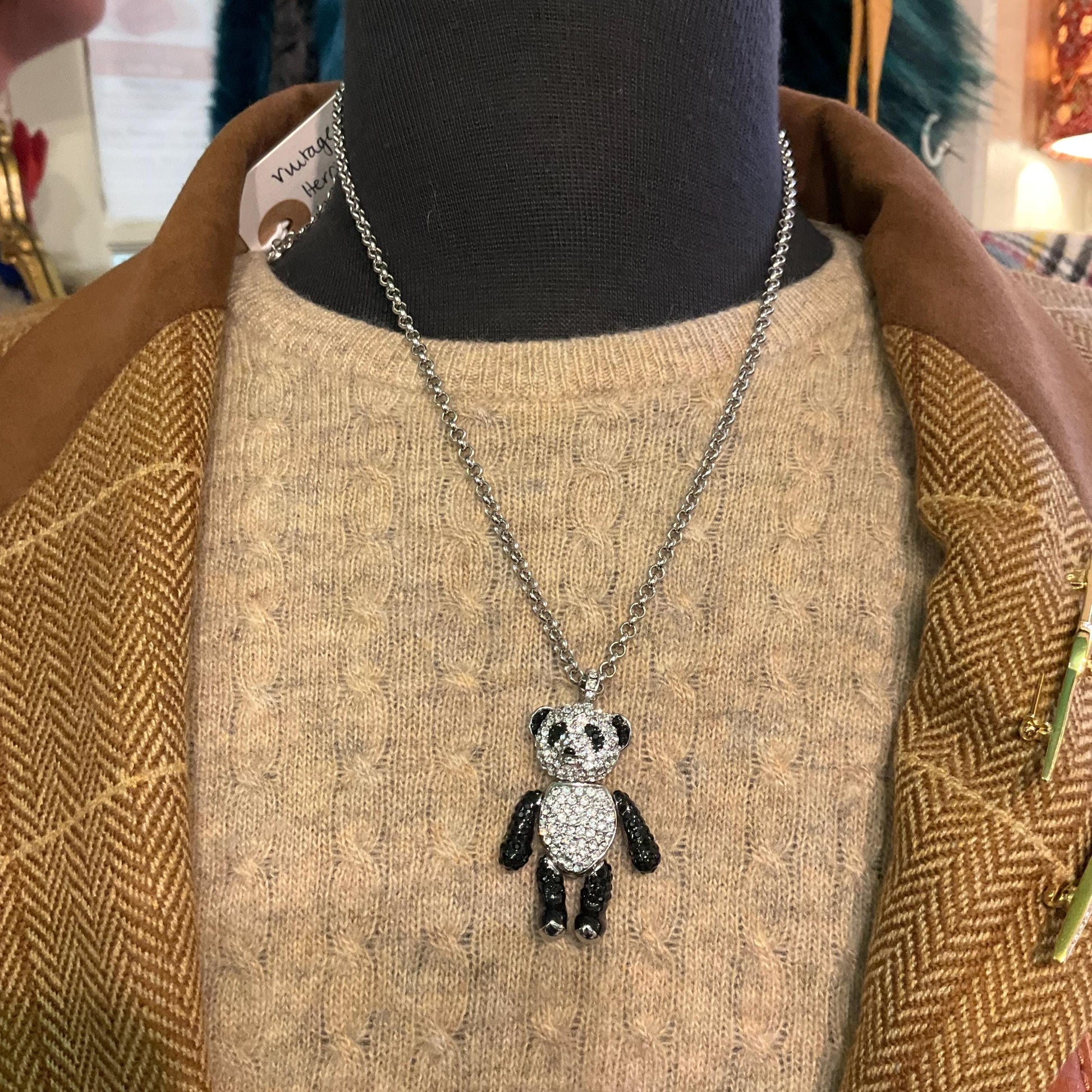 Vintage Butler and Wilson Panda Crystal Pendant, Fully Articulated with Silver and Black Rhinestones