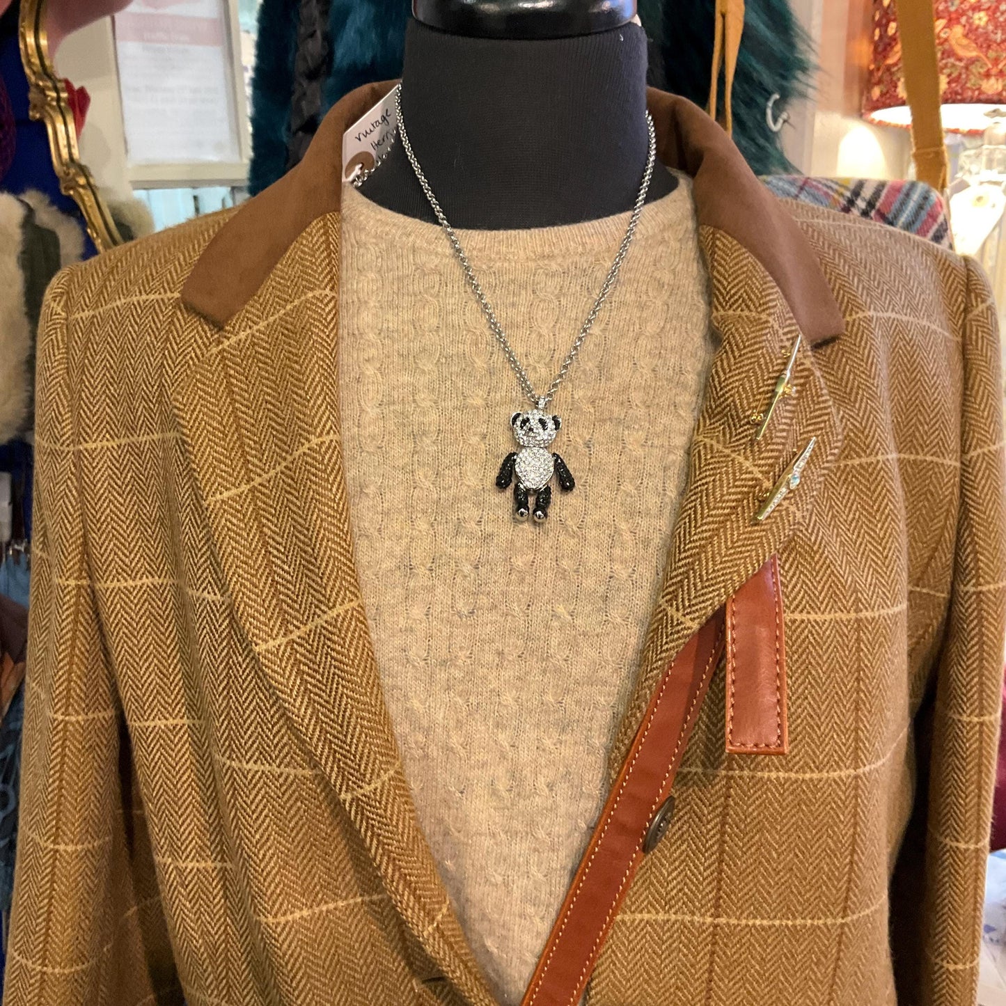 Vintage Butler and Wilson Panda Crystal Pendant, Fully Articulated with Silver and Black Rhinestones