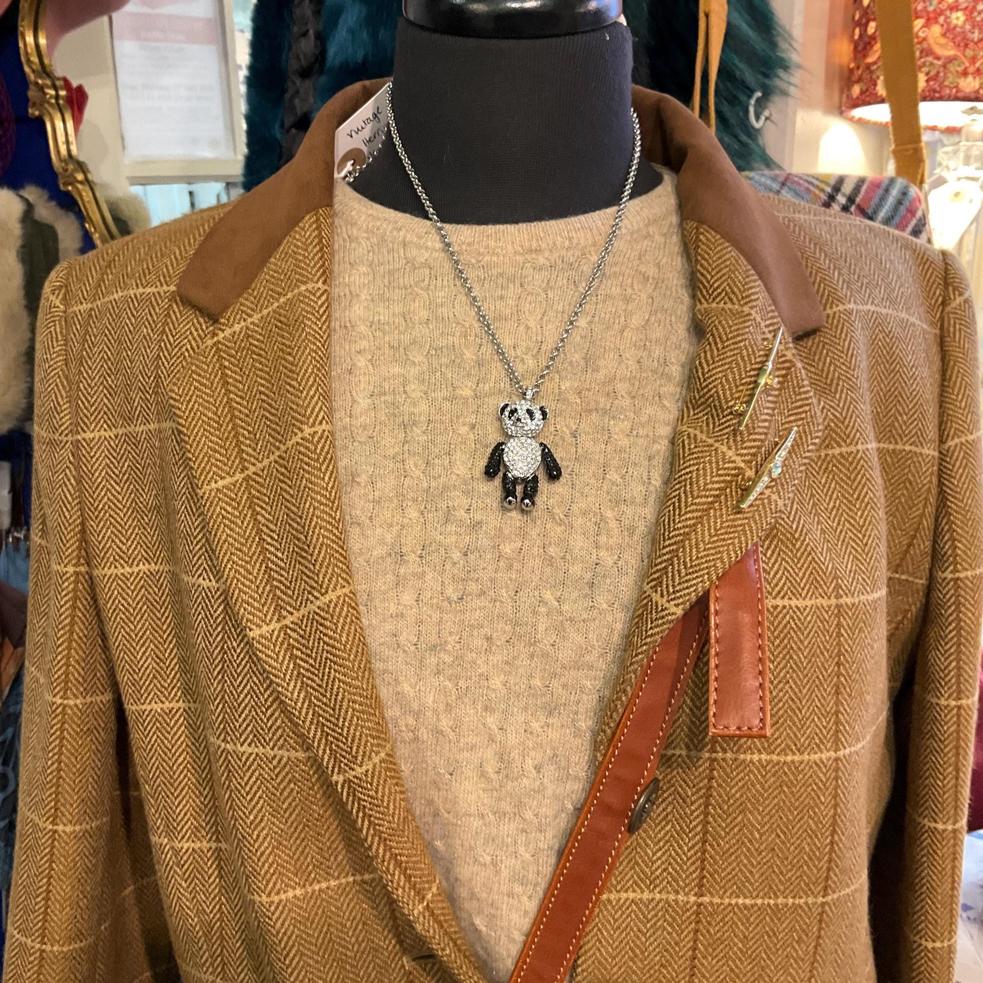 Vintage Butler and Wilson Panda Crystal Pendant, Fully Articulated with Silver and Black Rhinestones
