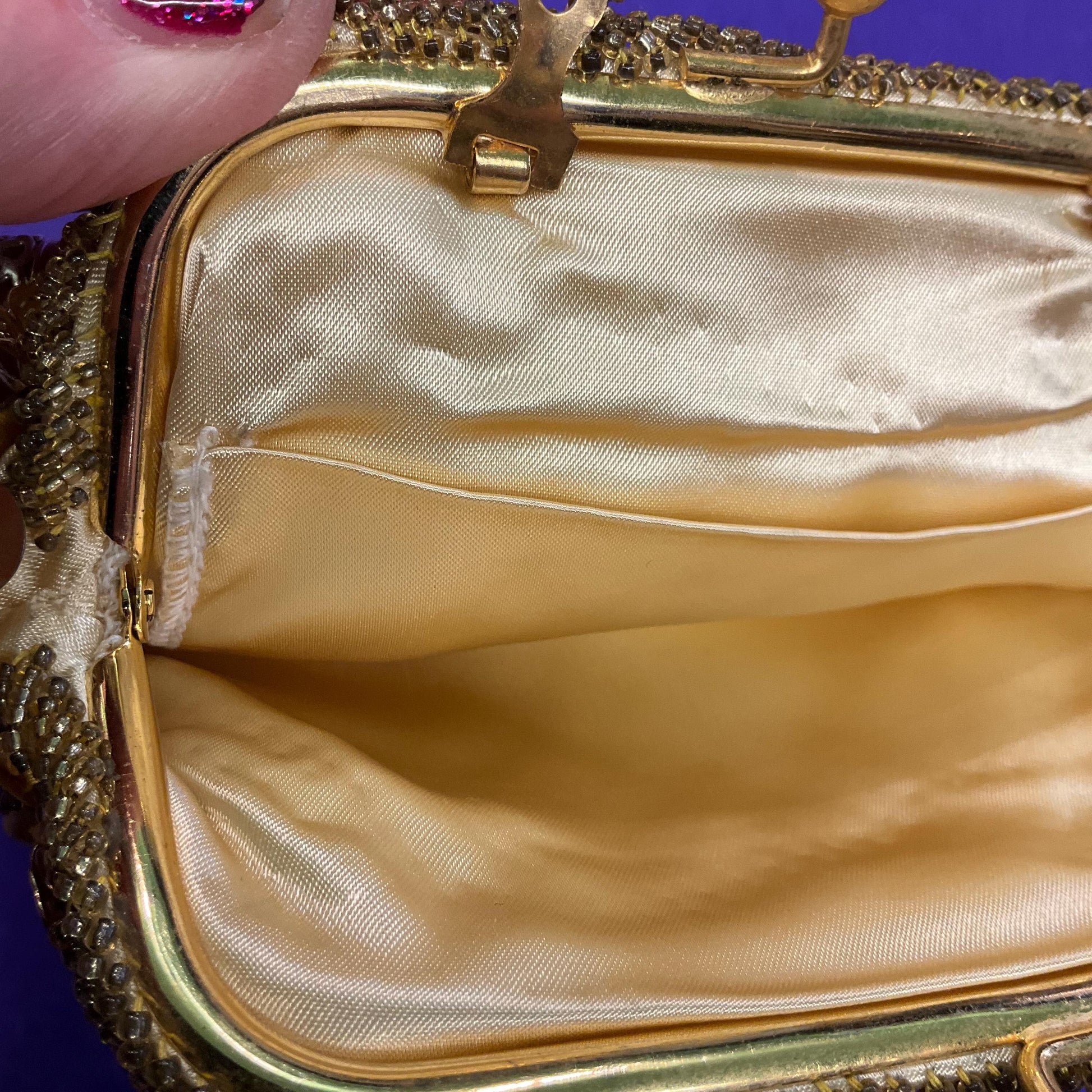 Vintage 1960s Gold Crystal Tasselled Satin Evening Bag, Handbag or Clutch