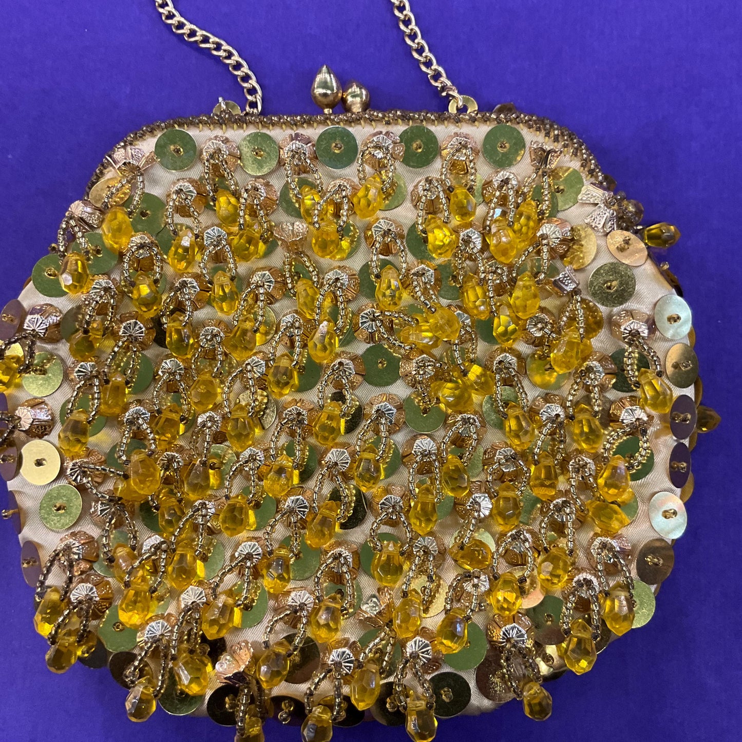 Vintage 1960s Gold Crystal Tasselled Satin Evening Bag, Handbag or Clutch