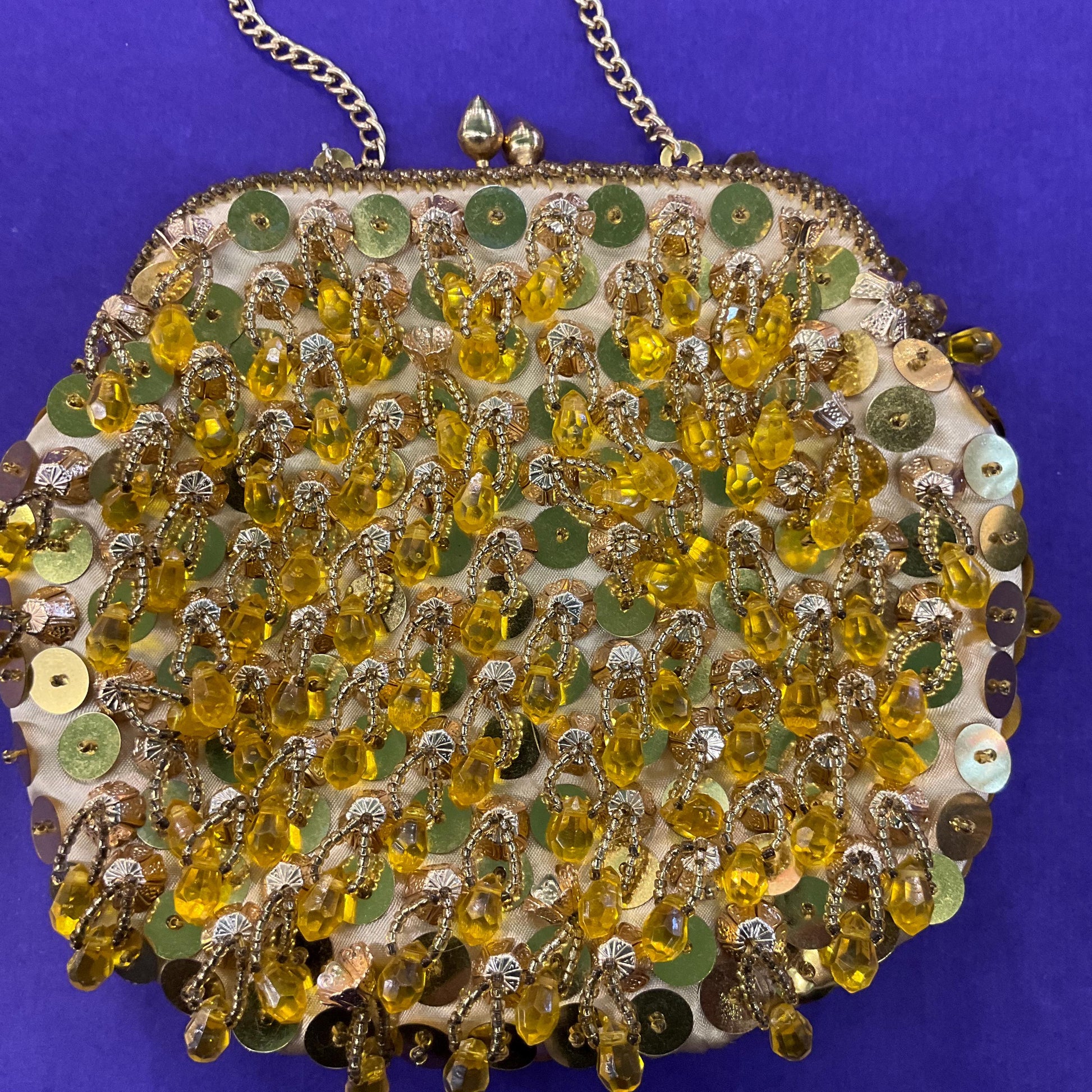 Vintage 1960s Gold Crystal Tasselled Satin Evening Bag, Handbag or Clutch