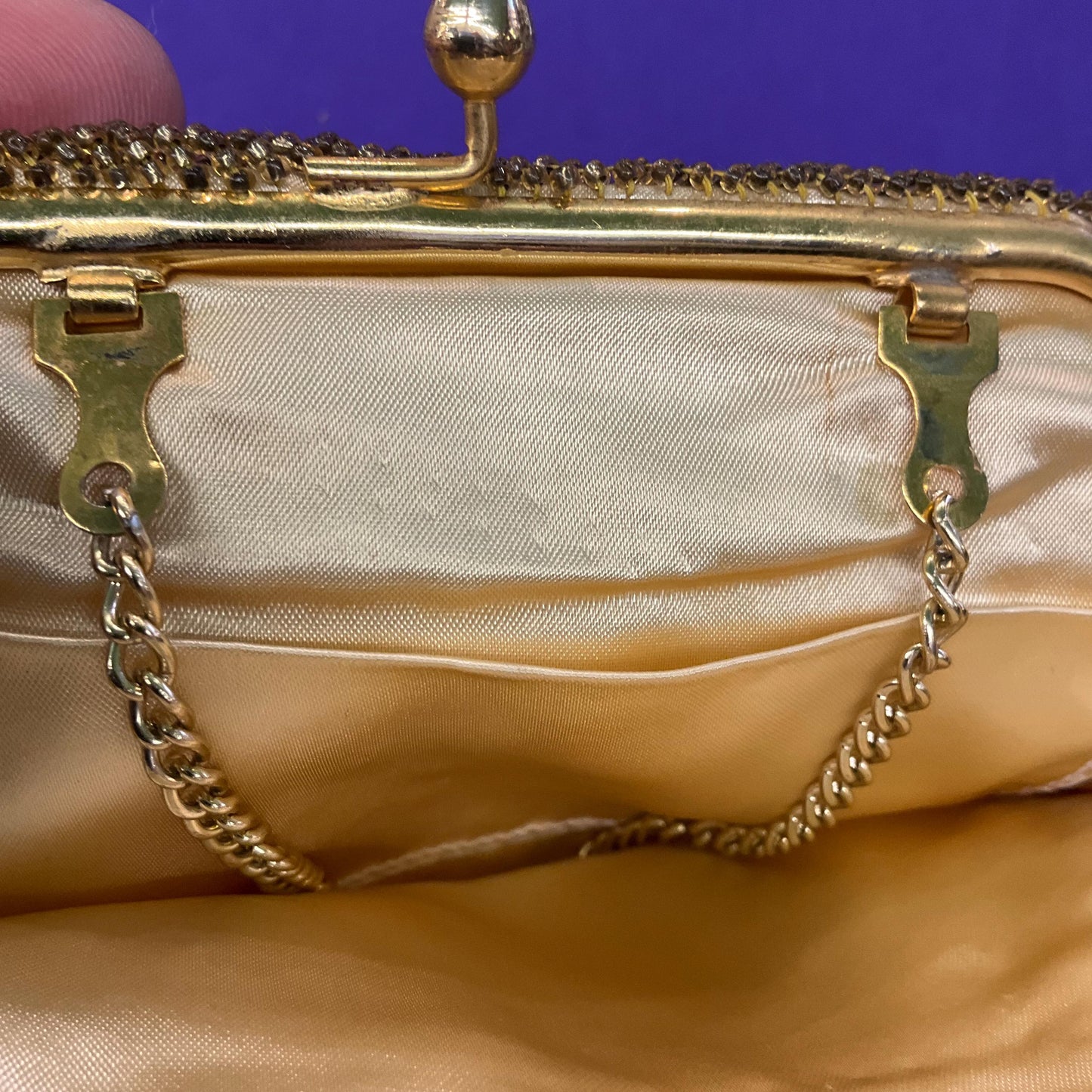 Vintage 1960s Gold Crystal Tasselled Satin Evening Bag, Handbag or Clutch