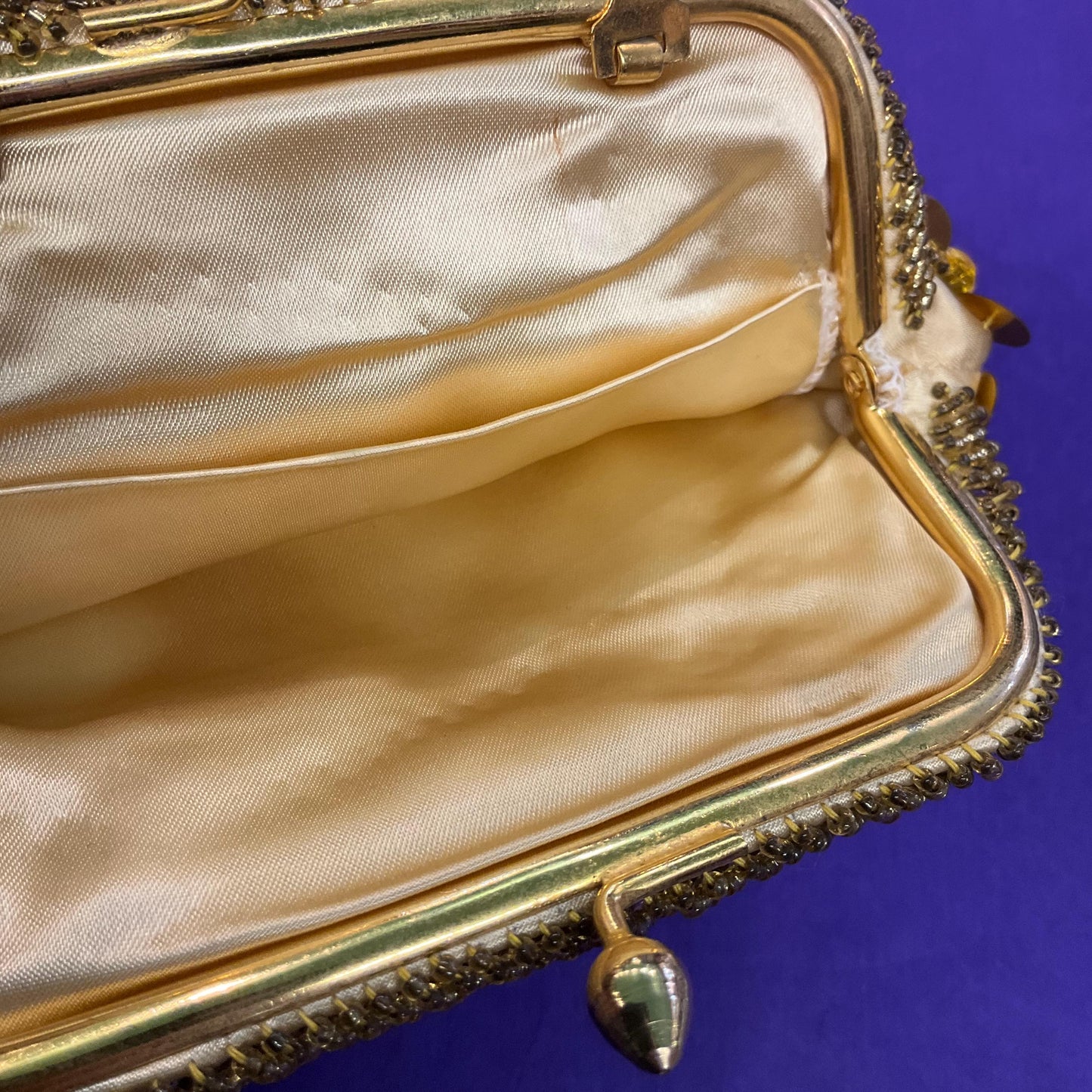Vintage 1960s Gold Crystal Tasselled Satin Evening Bag, Handbag or Clutch