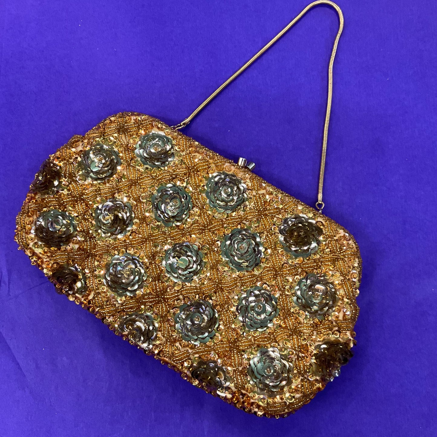 Vintage 1950s Handmade LE SOIR Evening Bag, Gold Beads and Sequinned Floral Clusters