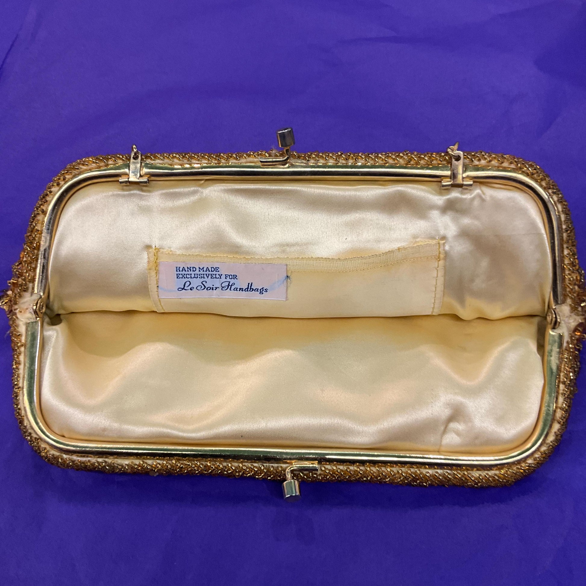 Vintage 1950s Handmade LE SOIR Evening Bag, Gold Beads and Sequinned Floral Clusters