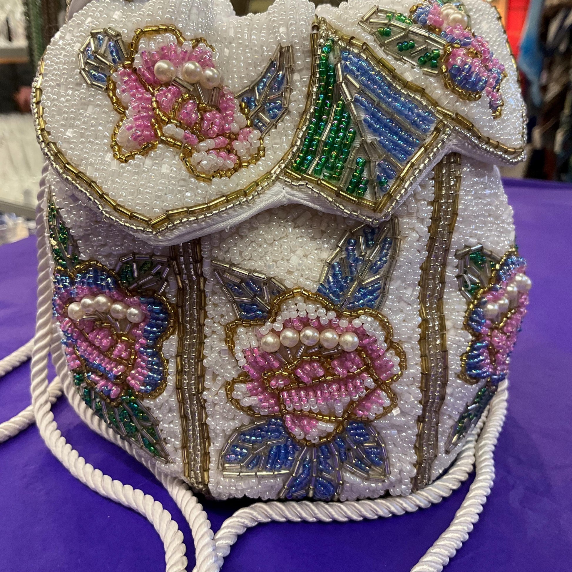 Vintage Beaded Floral Bucket Bag with Drawstring Shoulder Strap, Multicoloured Beads and Faux Pearls
