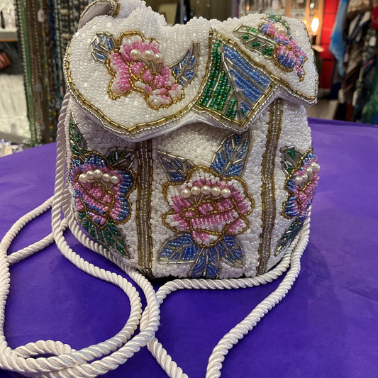 Vintage Beaded Floral Bucket Bag with Drawstring Shoulder Strap, Multicoloured Beads and Faux Pearls