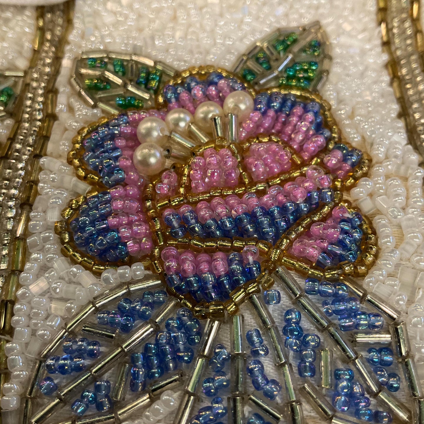 Vintage Beaded Floral Bucket Bag with Drawstring Shoulder Strap, Multicoloured Beads and Faux Pearls