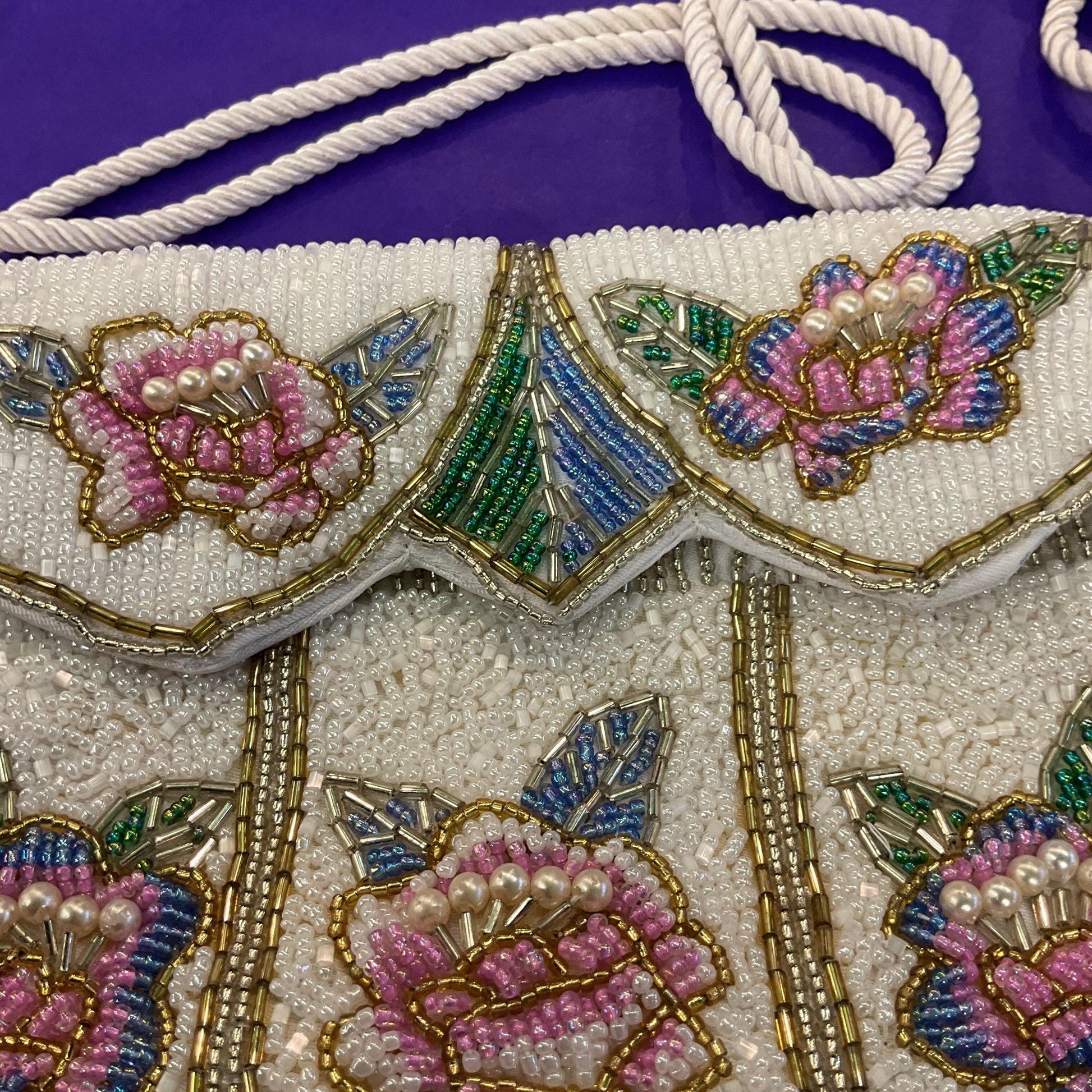 Vintage Beaded Floral Bucket Bag with Drawstring Shoulder Strap, Multicoloured Beads and Faux Pearls