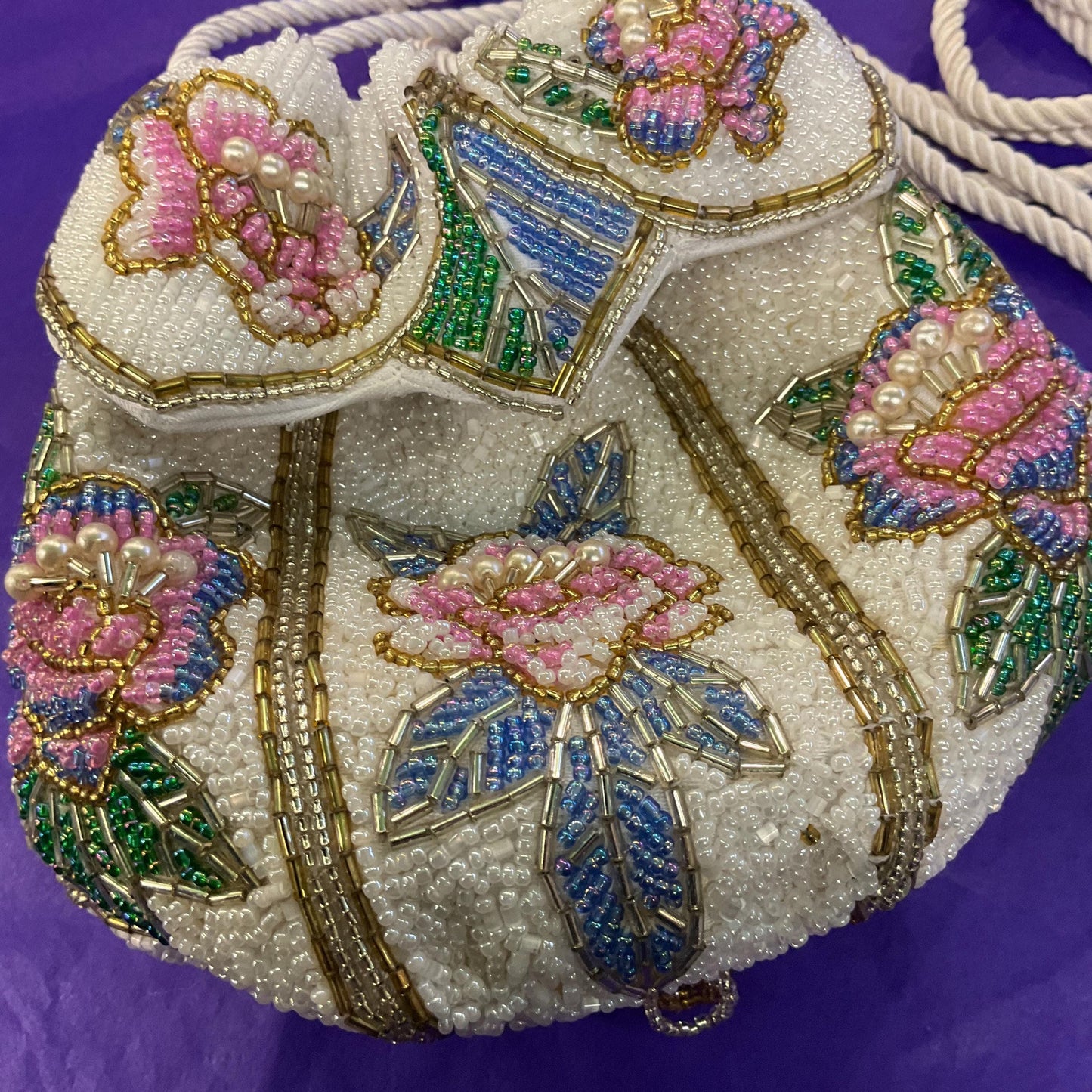 Vintage Beaded Floral Bucket Bag with Drawstring Shoulder Strap, Multicoloured Beads and Faux Pearls