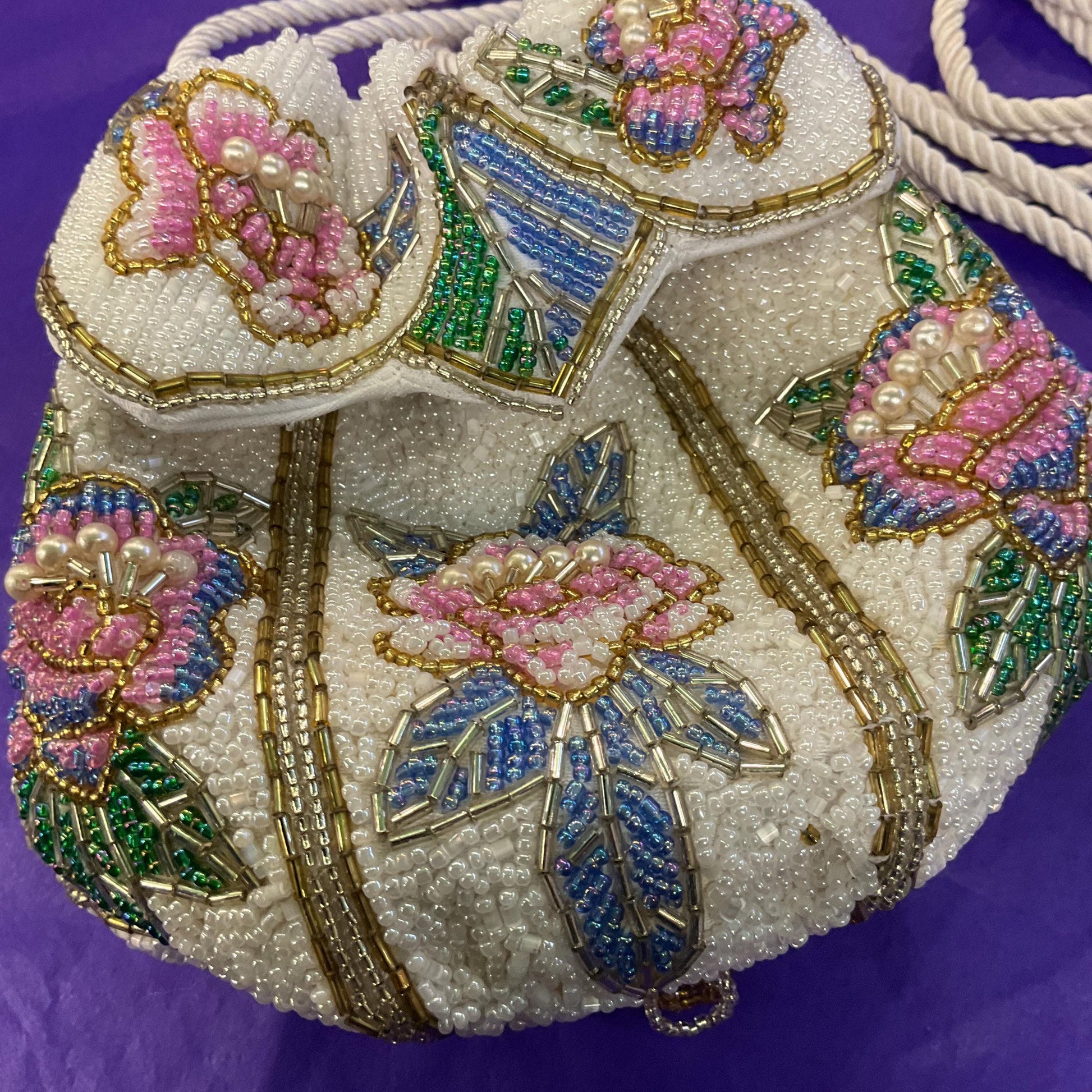 Vintage Beaded Floral Bucket Bag with Drawstring Shoulder Strap, Multicoloured Beads and Faux Pearls