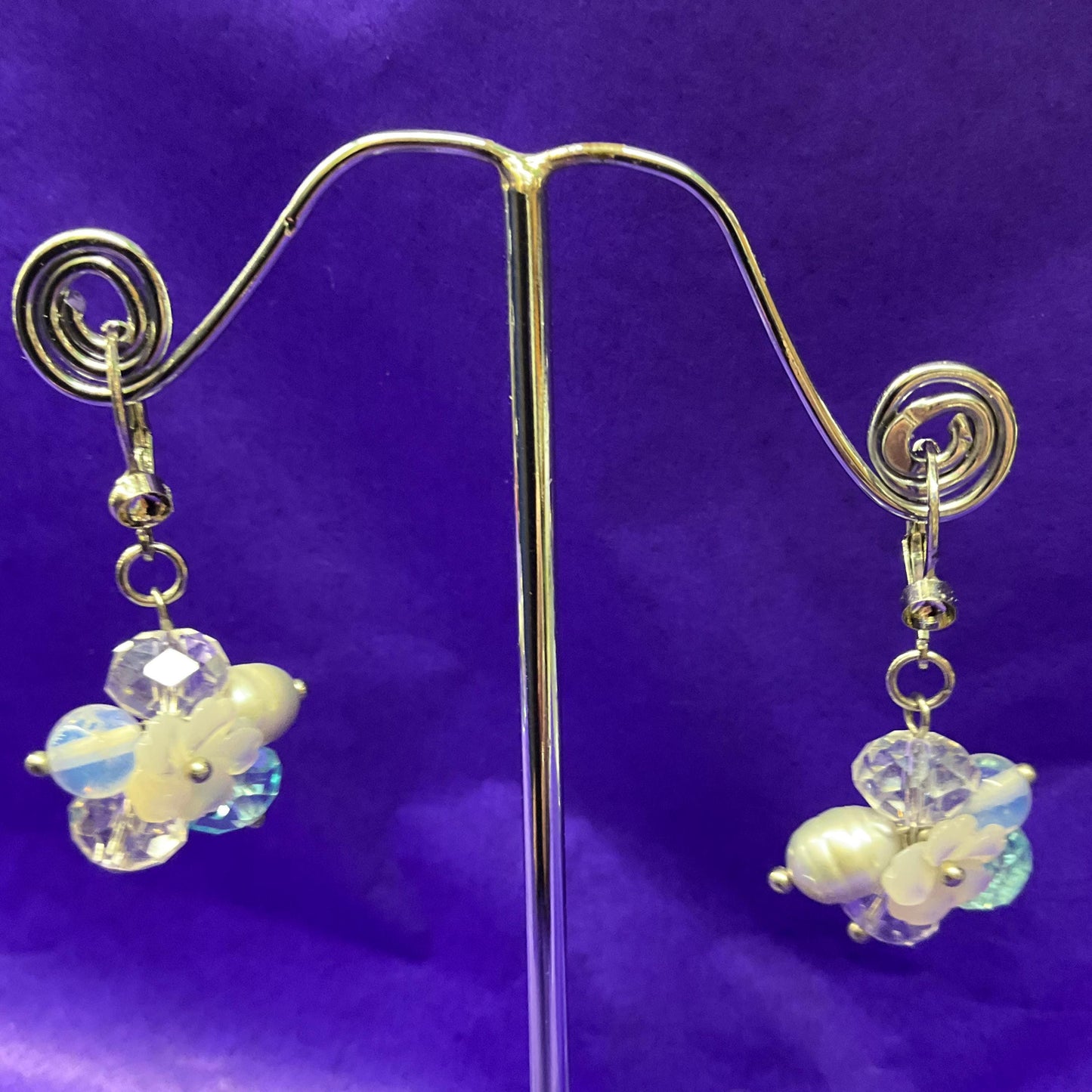 Vintage Butler and Wilson Crystal and Freshwater Pearl Floral Drop Earrings, Silver Tone with Turquoise and Rock Crystal