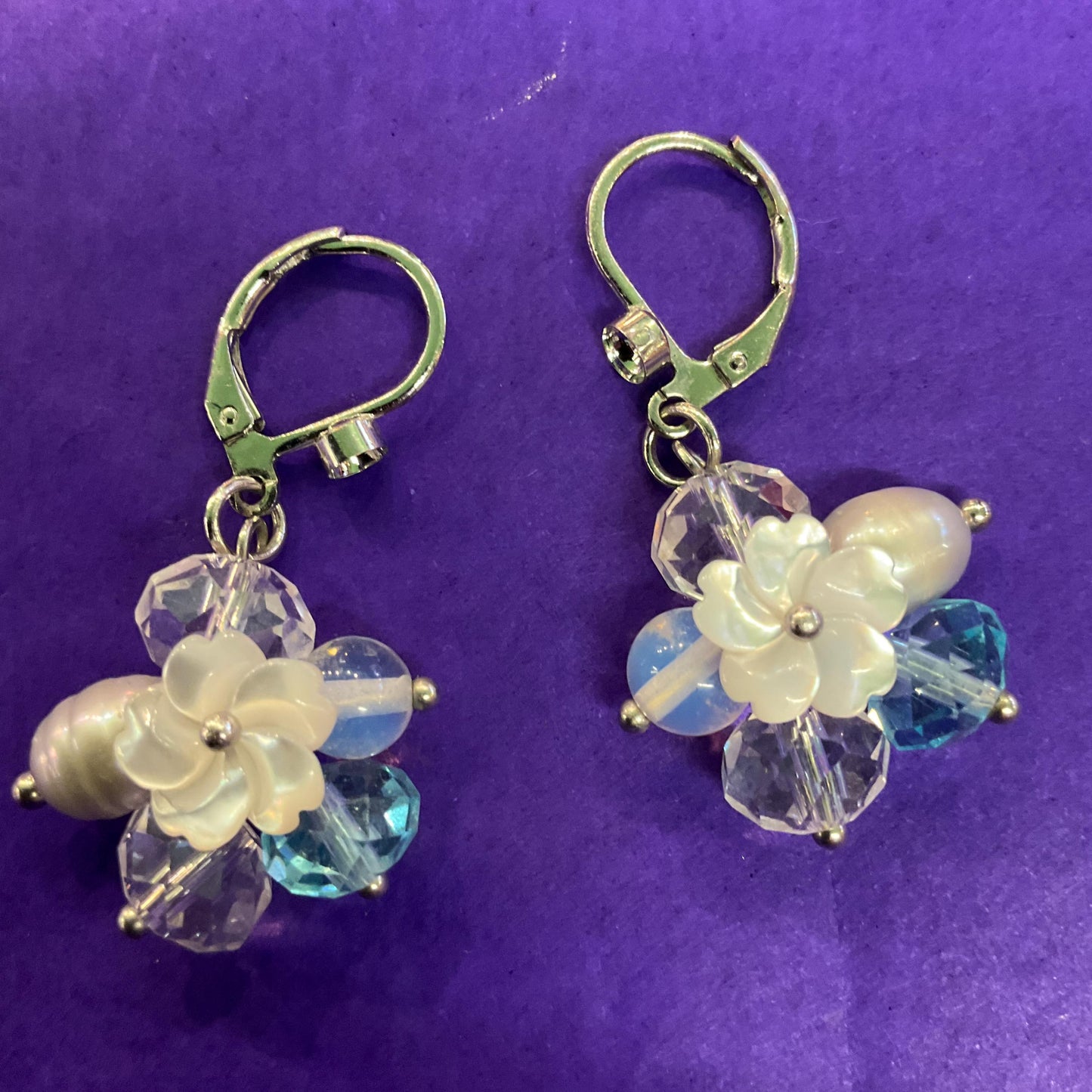 Vintage Butler and Wilson Crystal and Freshwater Pearl Floral Drop Earrings, Silver Tone with Turquoise and Rock Crystal