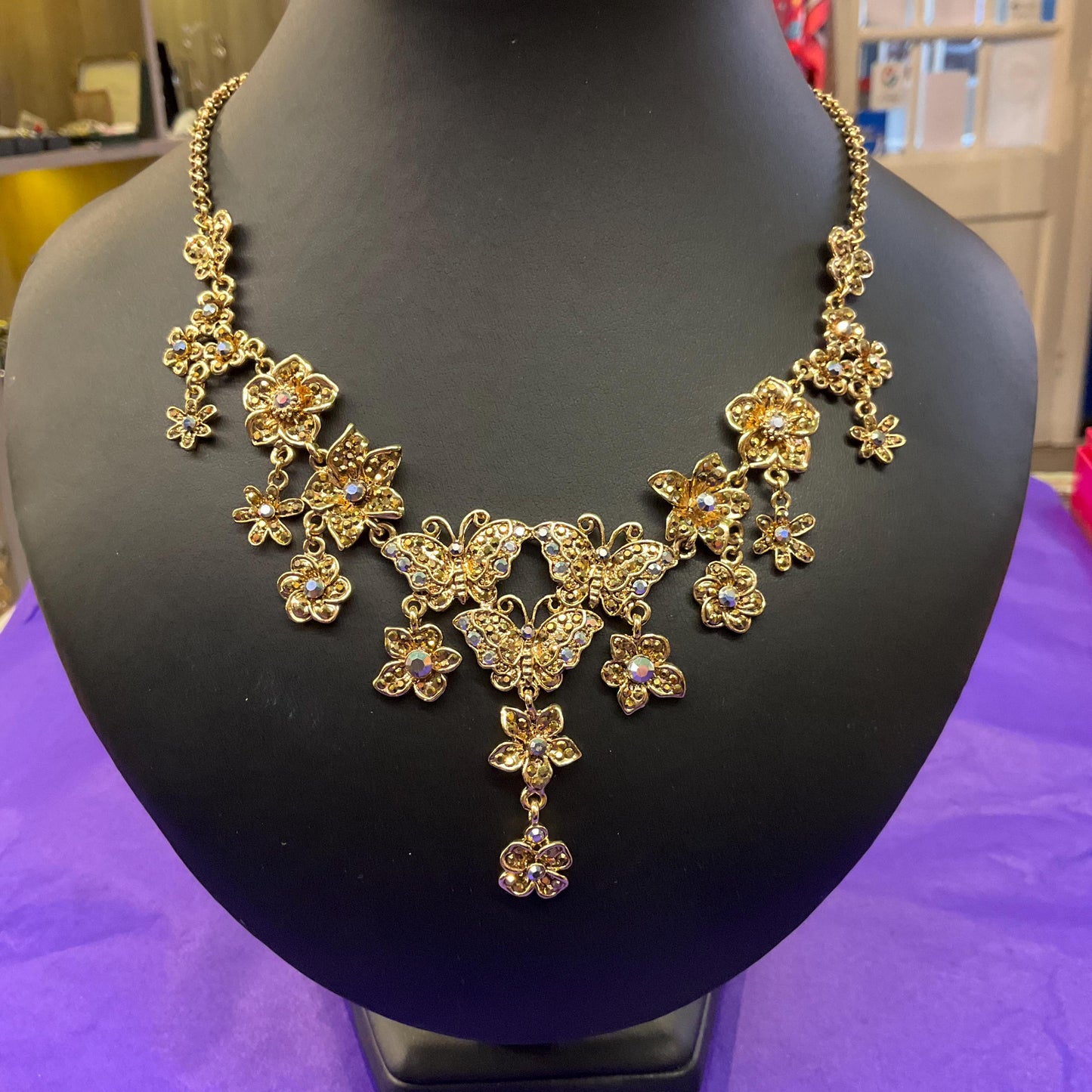 Vintage Butler and Wilson Statement Gold Tone and Borealis Crystal Butterfly and Flowers Y Drop Necklace