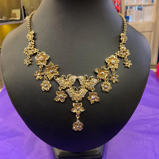 Vintage Butler and Wilson Statement Gold Tone and Borealis Crystal Butterfly and Flowers Y Drop Necklace