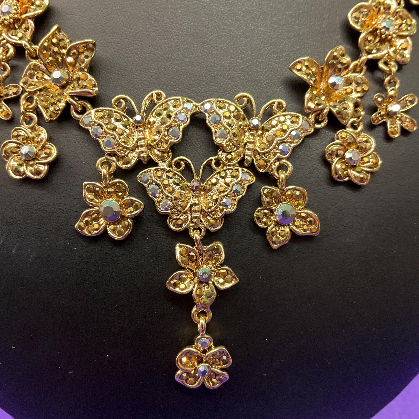 Vintage Butler and Wilson Statement Gold Tone and Borealis Crystal Butterfly and Flowers Y Drop Necklace