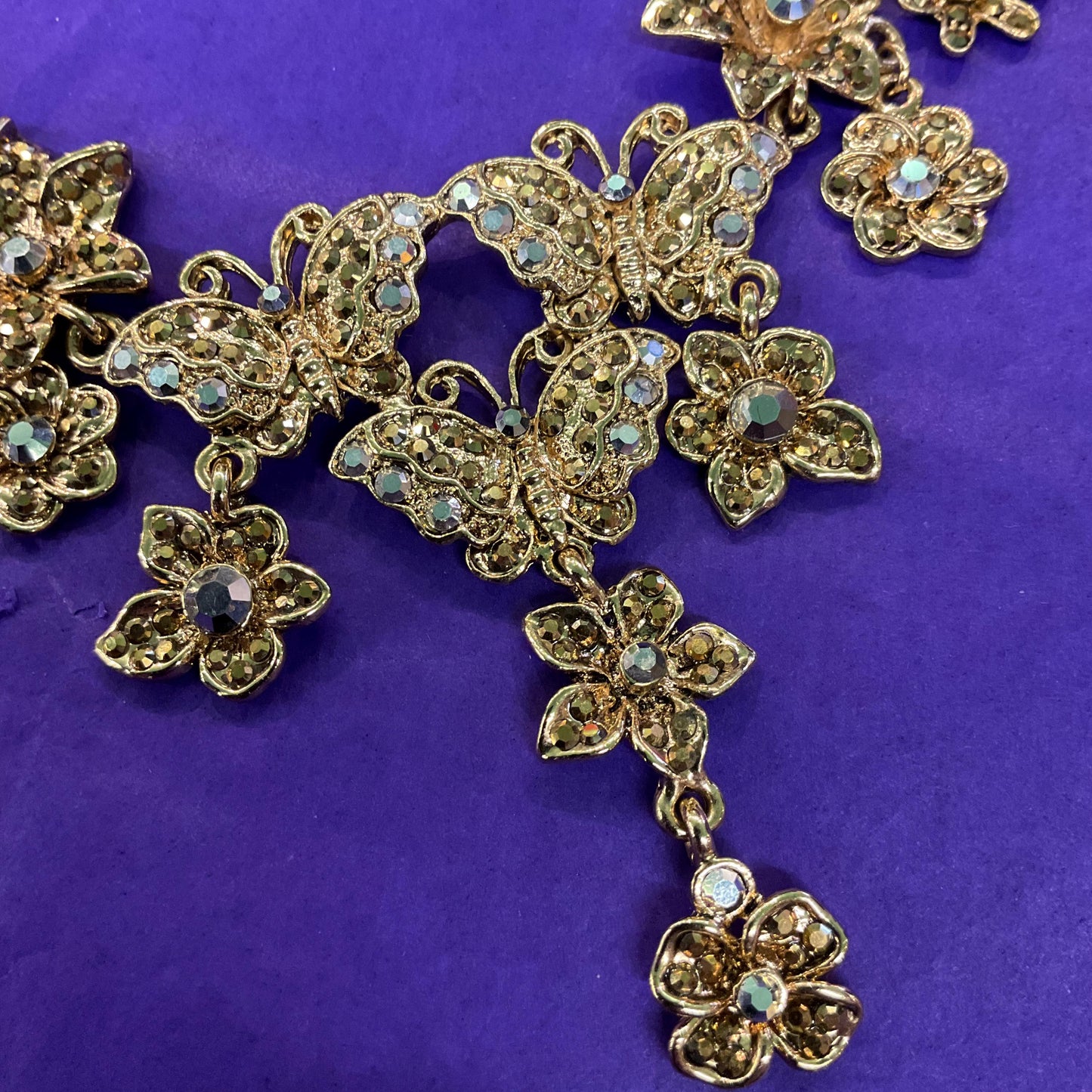 Vintage Butler and Wilson Statement Gold Tone and Borealis Crystal Butterfly and Flowers Y Drop Necklace