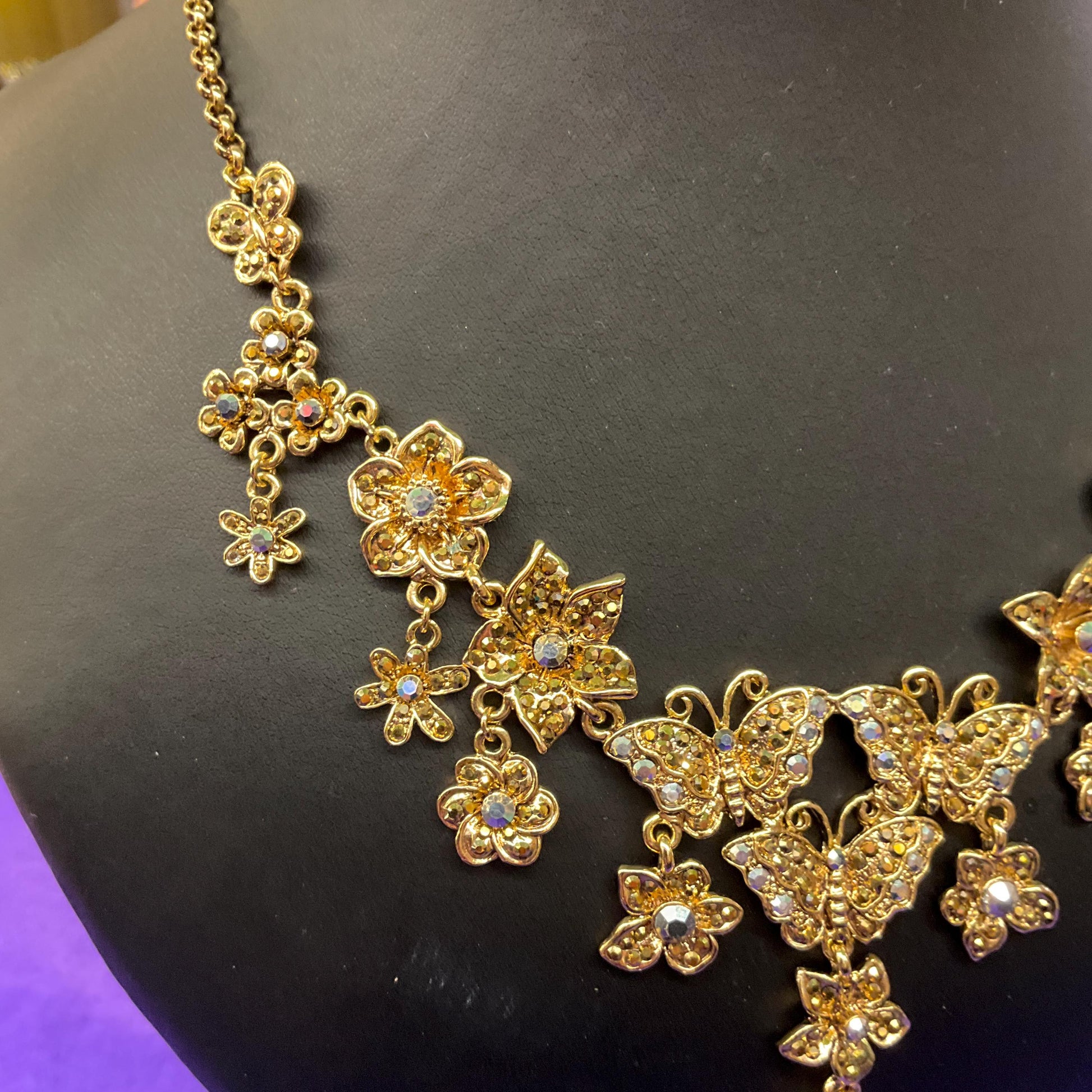 Vintage Butler and Wilson Statement Gold Tone and Borealis Crystal Butterfly and Flowers Y Drop Necklace