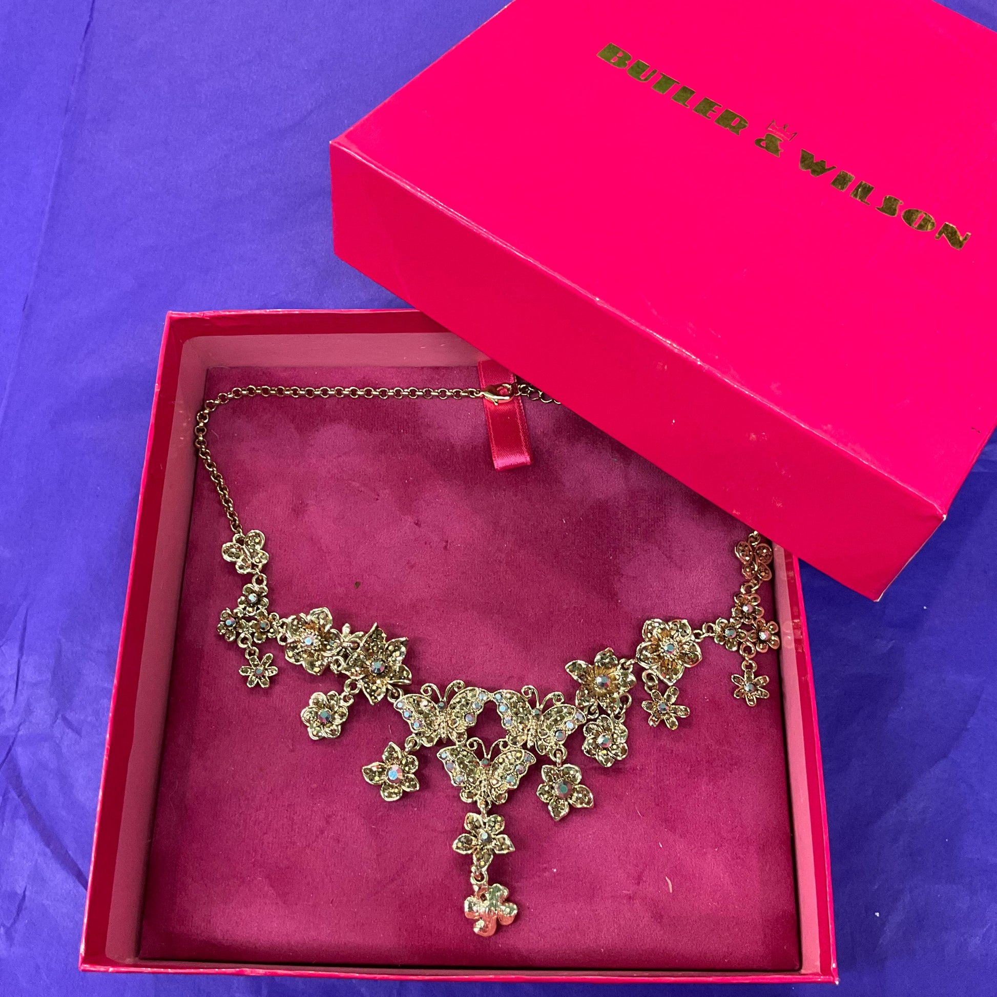 Vintage Butler and Wilson Statement Gold Tone and Borealis Crystal Butterfly and Flowers Y Drop Necklace