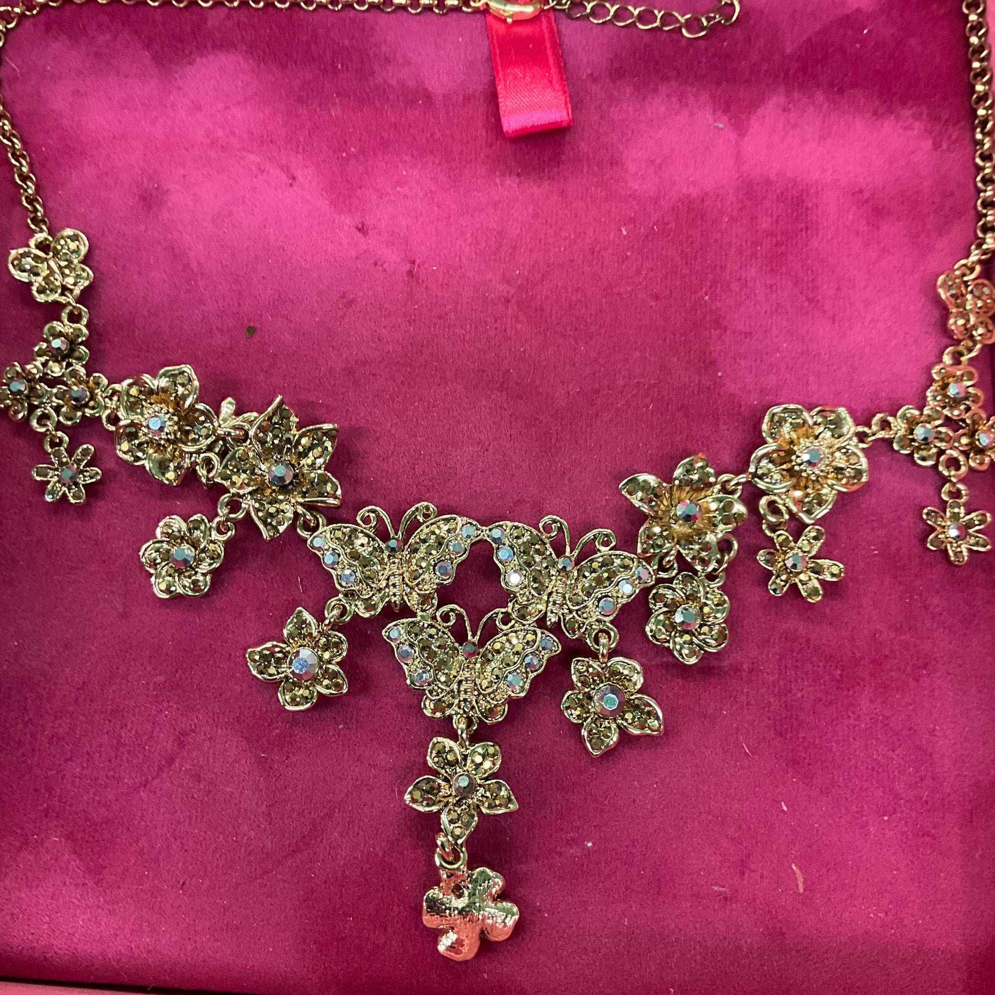 Vintage Butler and Wilson Statement Gold Tone and Borealis Crystal Butterfly and Flowers Y Drop Necklace