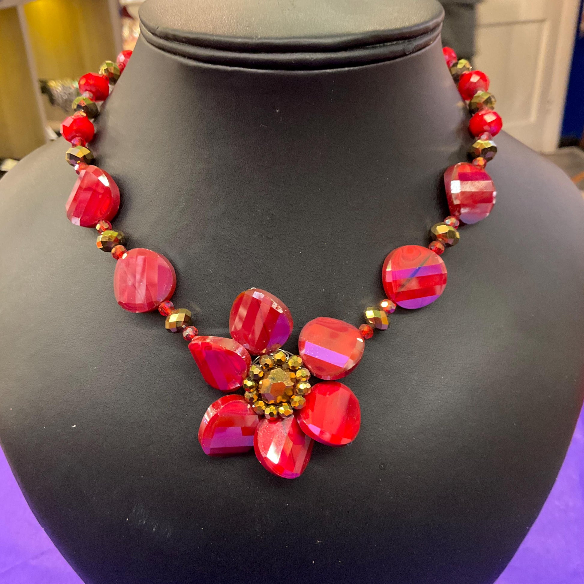 Vintage Butler and Wilson Statement Red and Gold Borealis Crystal Large Flower Necklace