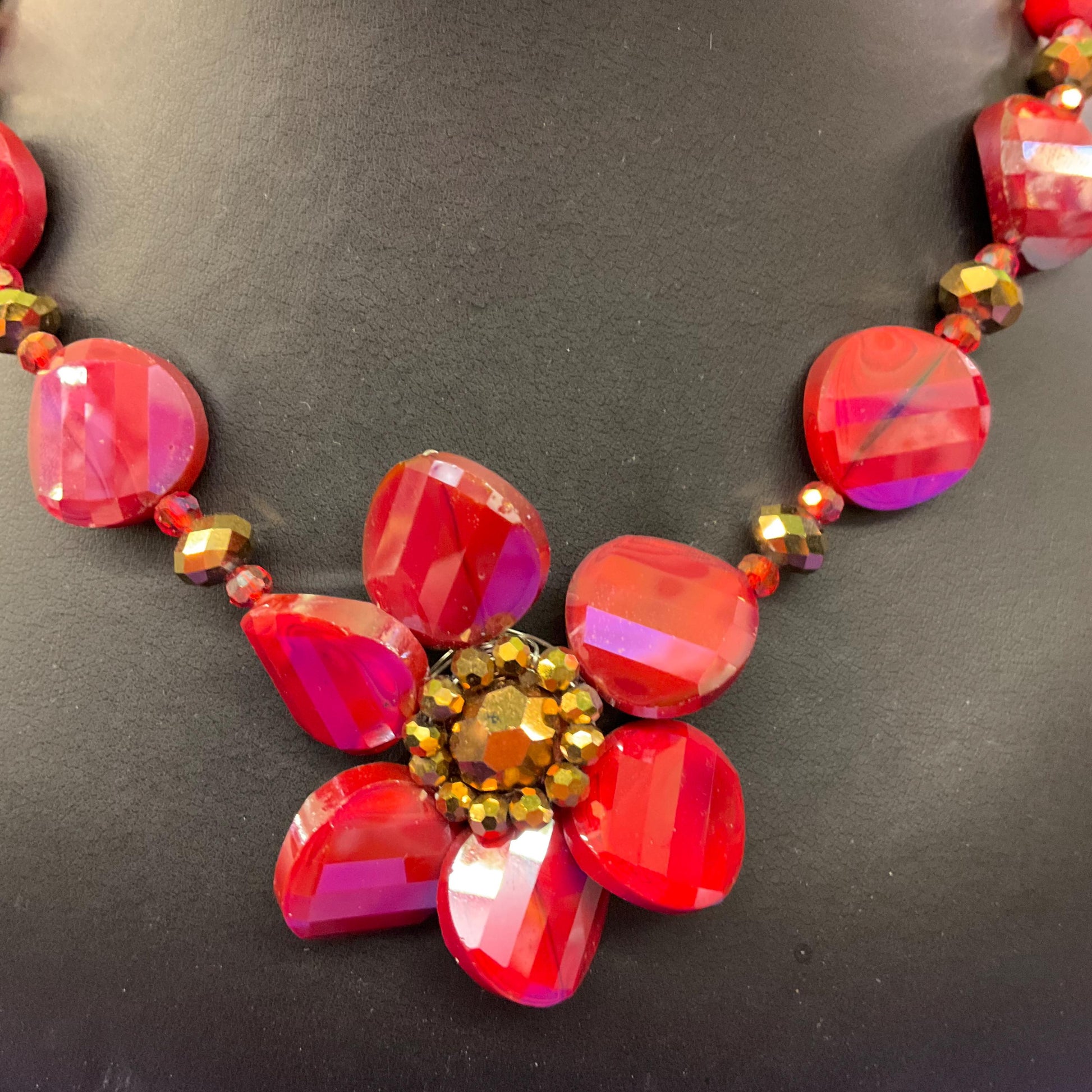Vintage Butler and Wilson Statement Red and Gold Borealis Crystal Large Flower Necklace