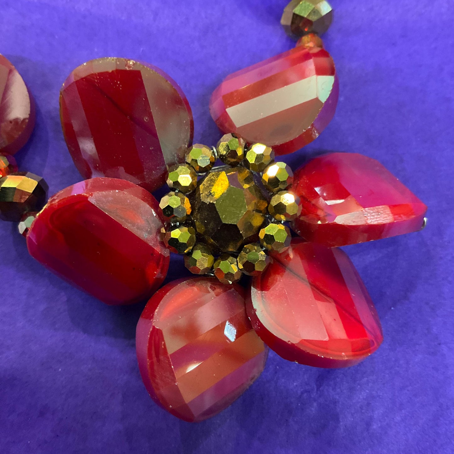 Vintage Butler and Wilson Statement Red and Gold Borealis Crystal Large Flower Necklace