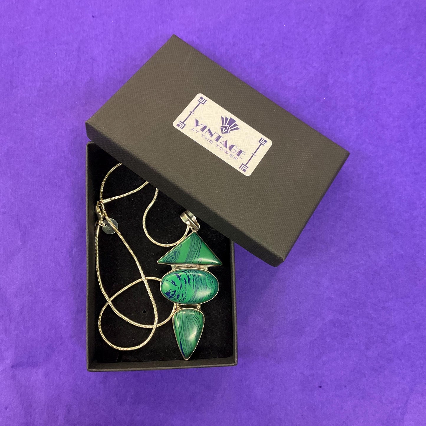 Vintage Art Deco Inspired Artisan Geometric Silver and Malachite Large Pendant , Hand Made