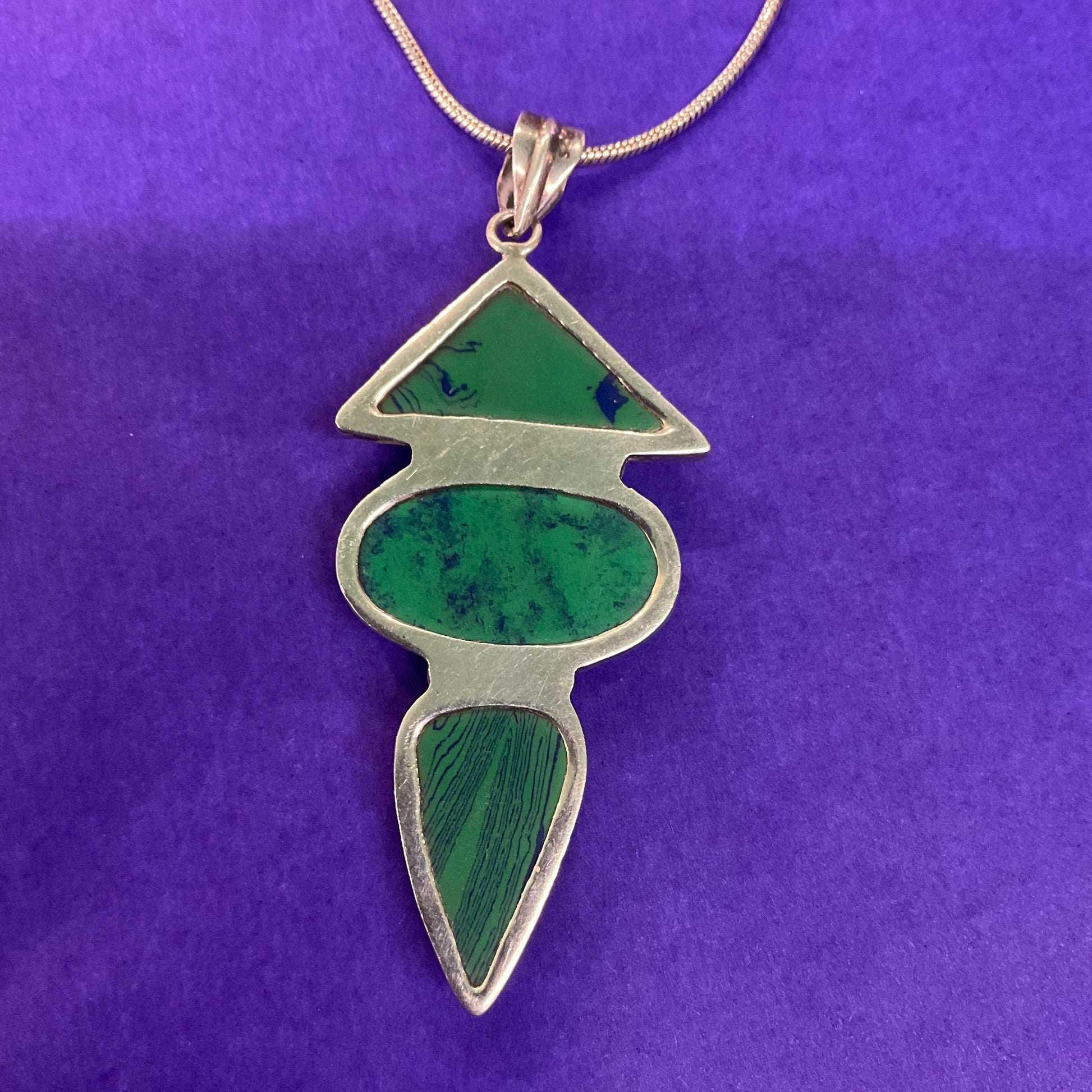 Vintage Art Deco Inspired Artisan Geometric Silver and Malachite Large Pendant , Hand Made