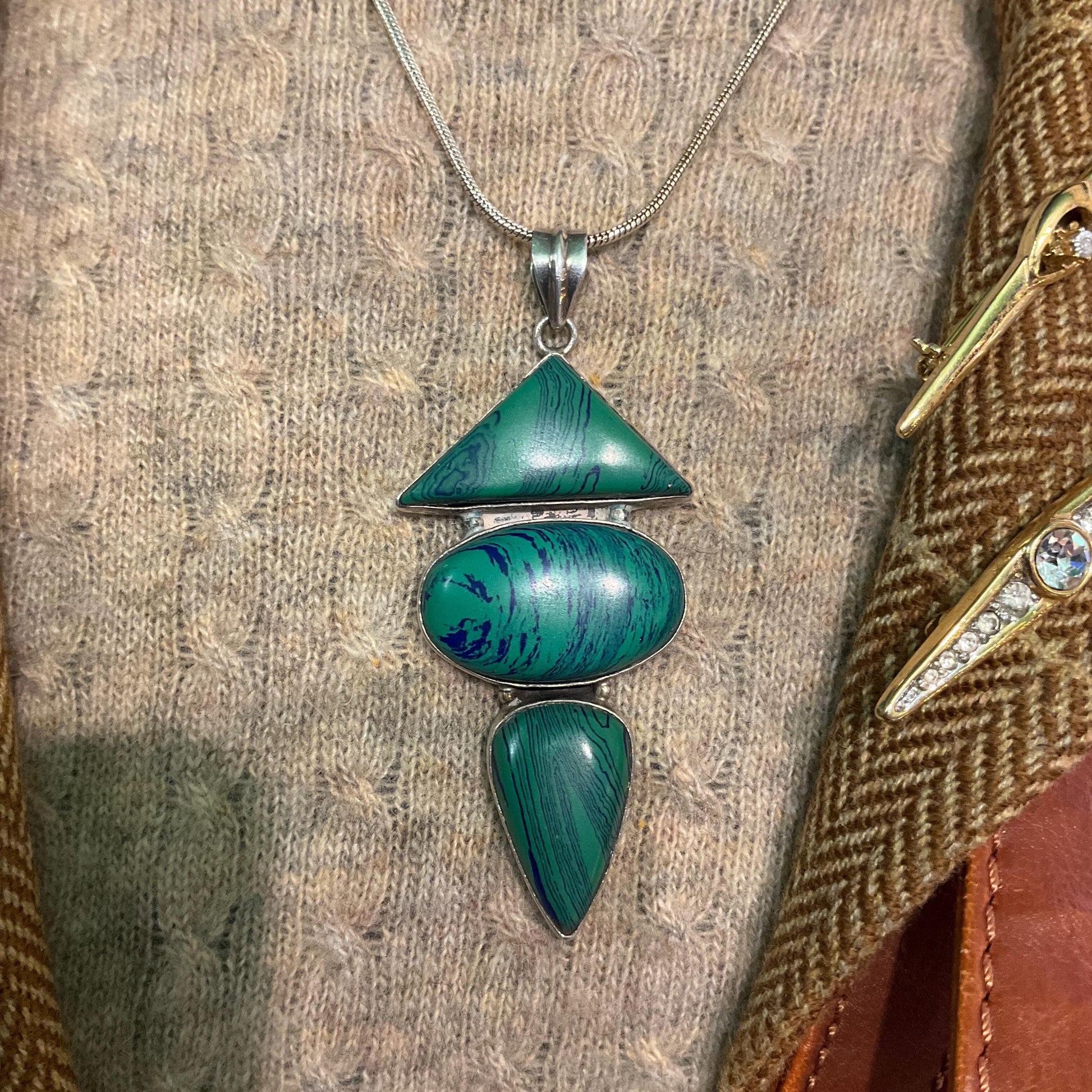 Vintage Art Deco Inspired Artisan Geometric Silver and Malachite Large Pendant , Hand Made