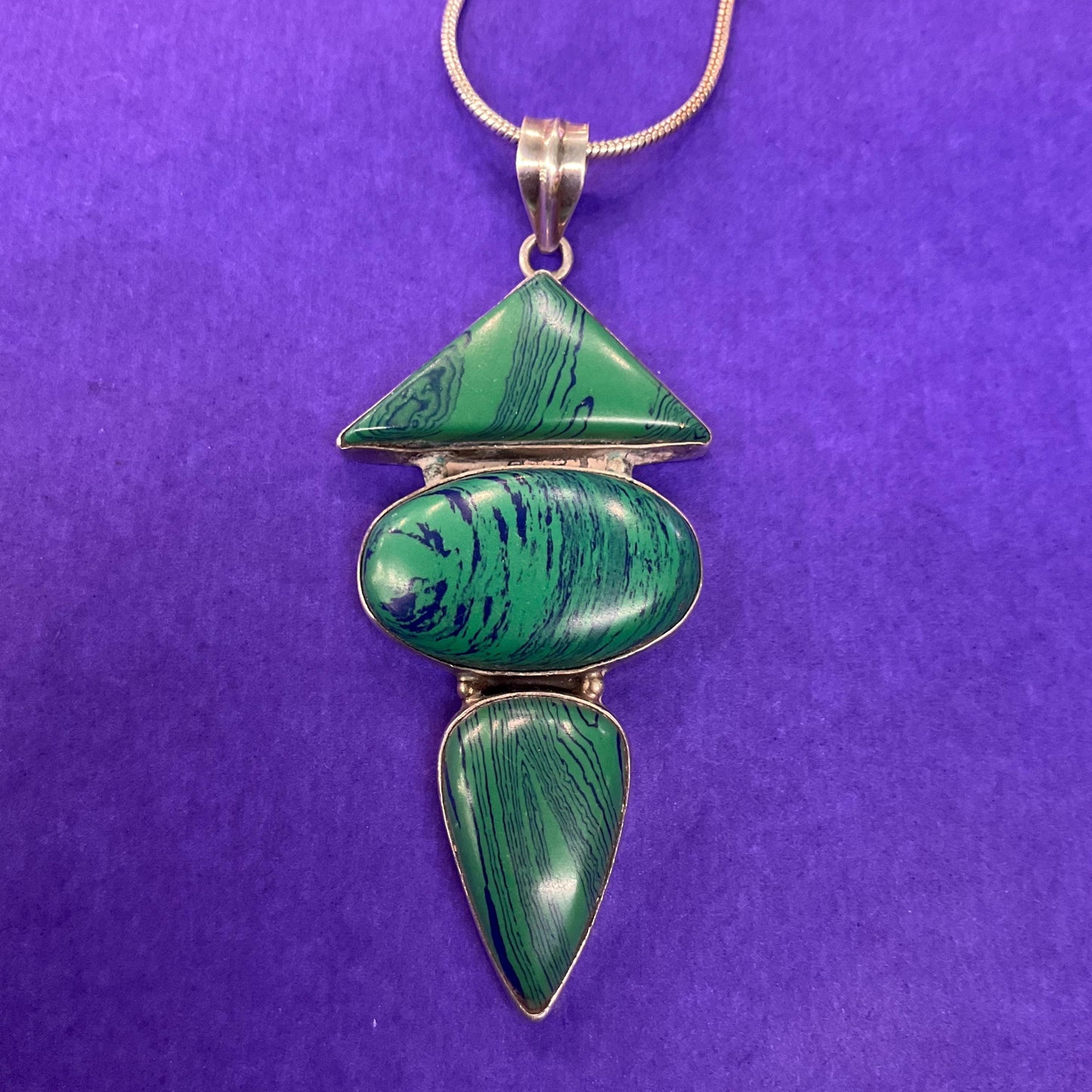 Vintage Art Deco Inspired Artisan Geometric Silver and Malachite Large Pendant , Hand Made